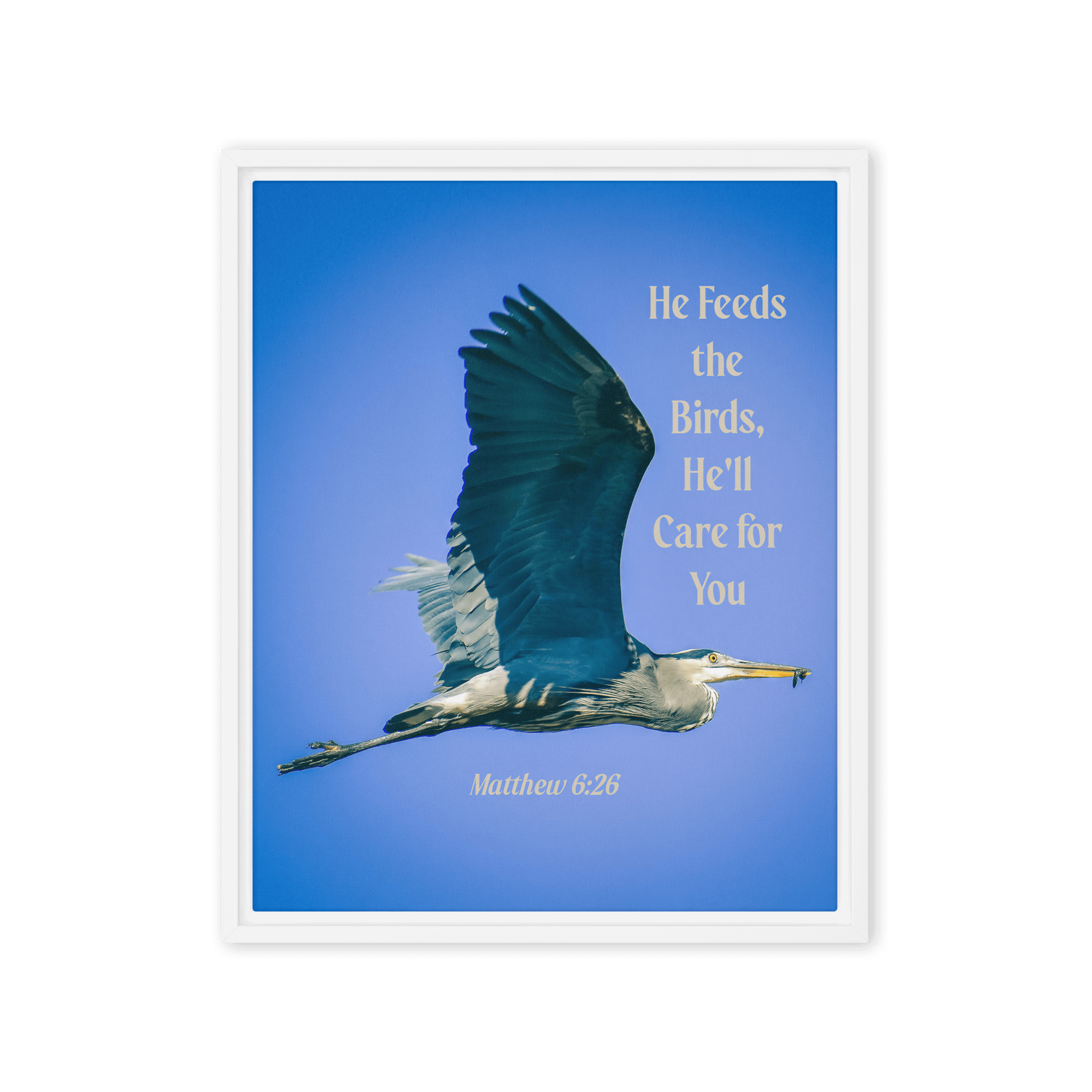 Matthew 6:26 Graceful Heron, He'll Care for You Framed Canvas Print Wall Art White 16″×20″