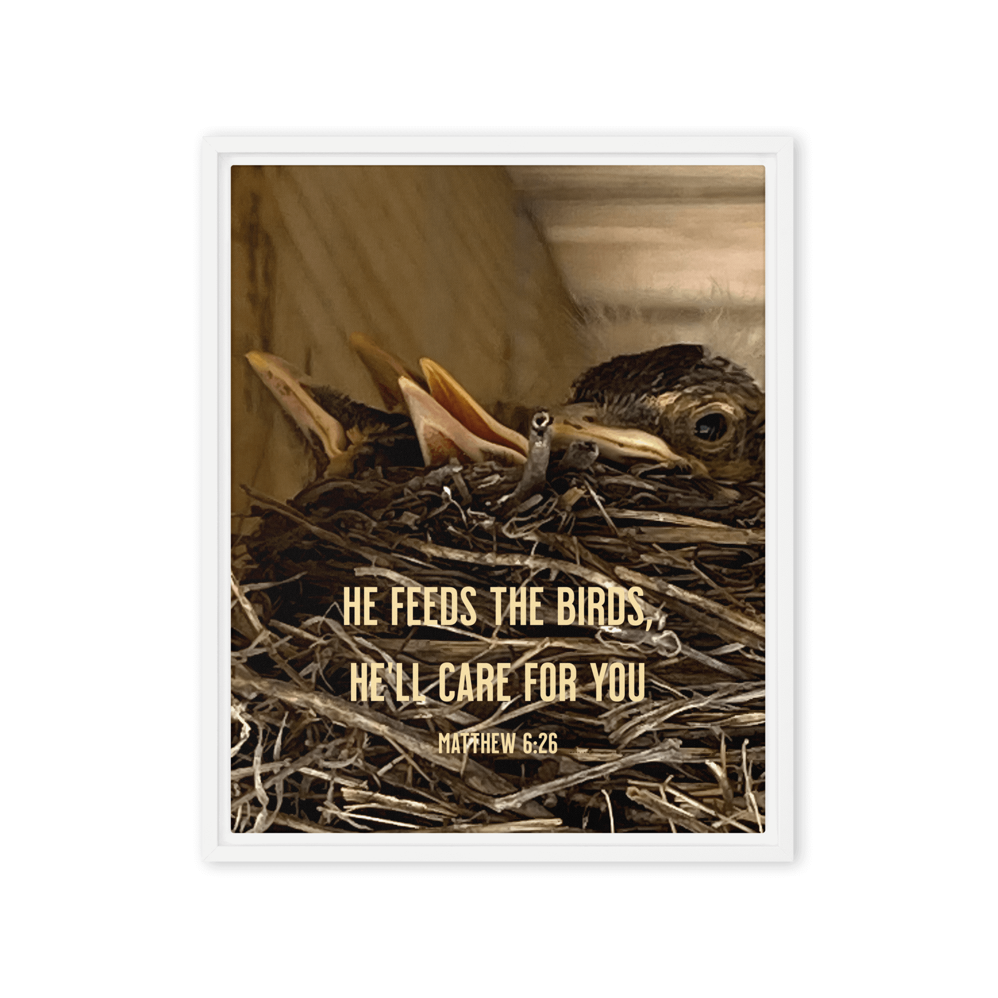 Matthew 6:26 Baby Robins, He'll Care for You Framed Canvas Print Wall Art White 16″×20″