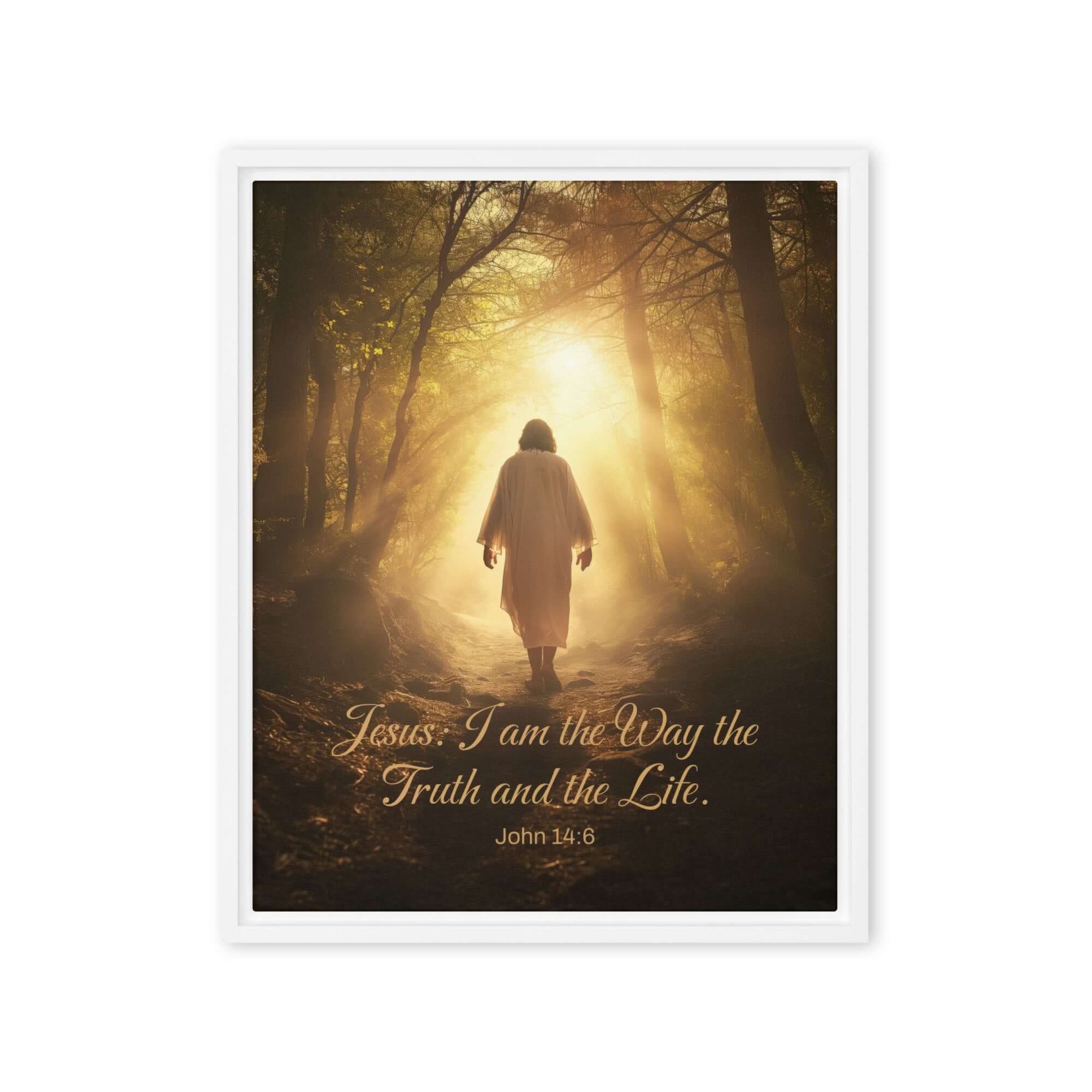 John 14:6 Bible Verse, Forest Image Framed Canvas Print Wall Art White 16″×20″