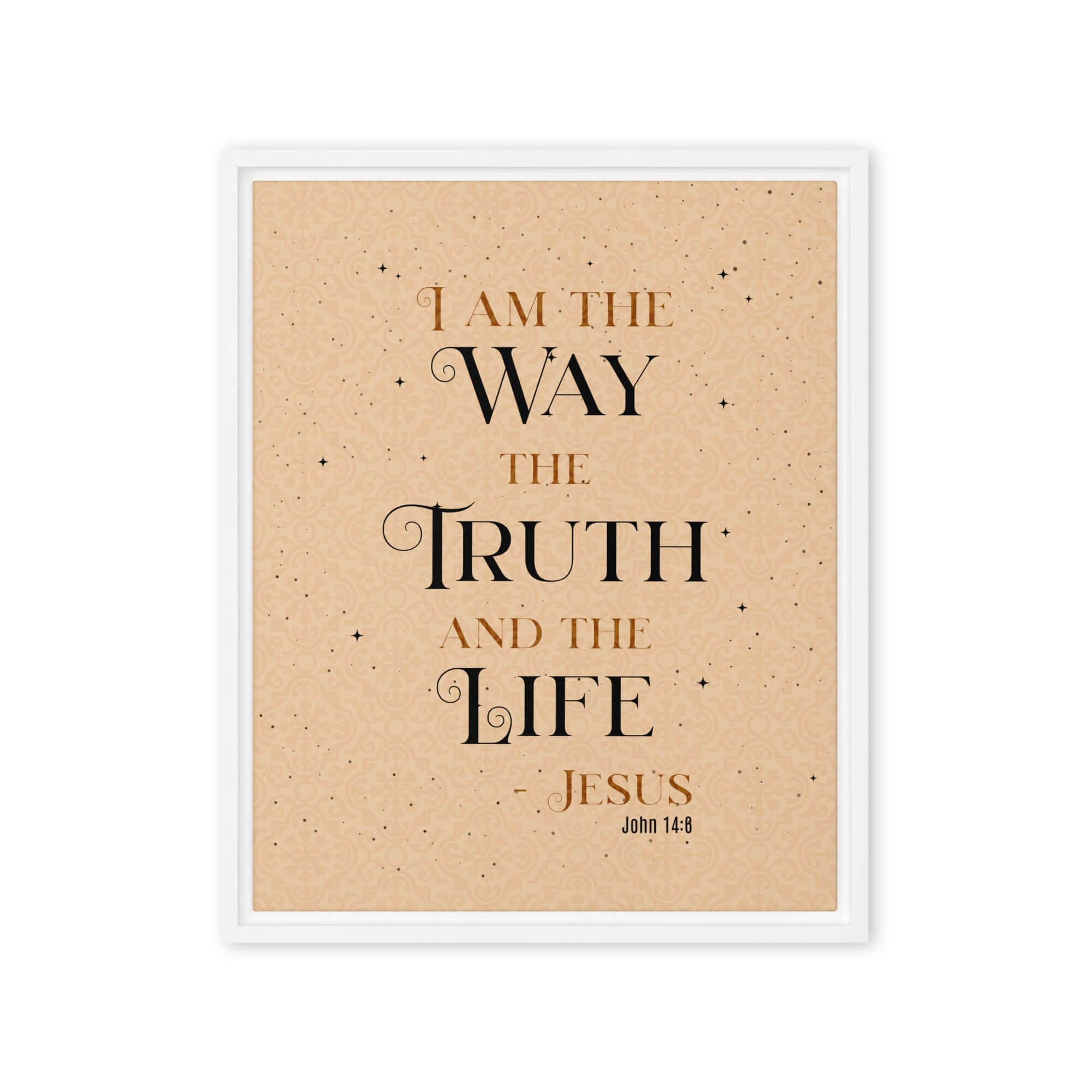 John 14:6 Bible Verse, Color Text Brown Background Framed Canvas Print Wall Art White 16″×20″