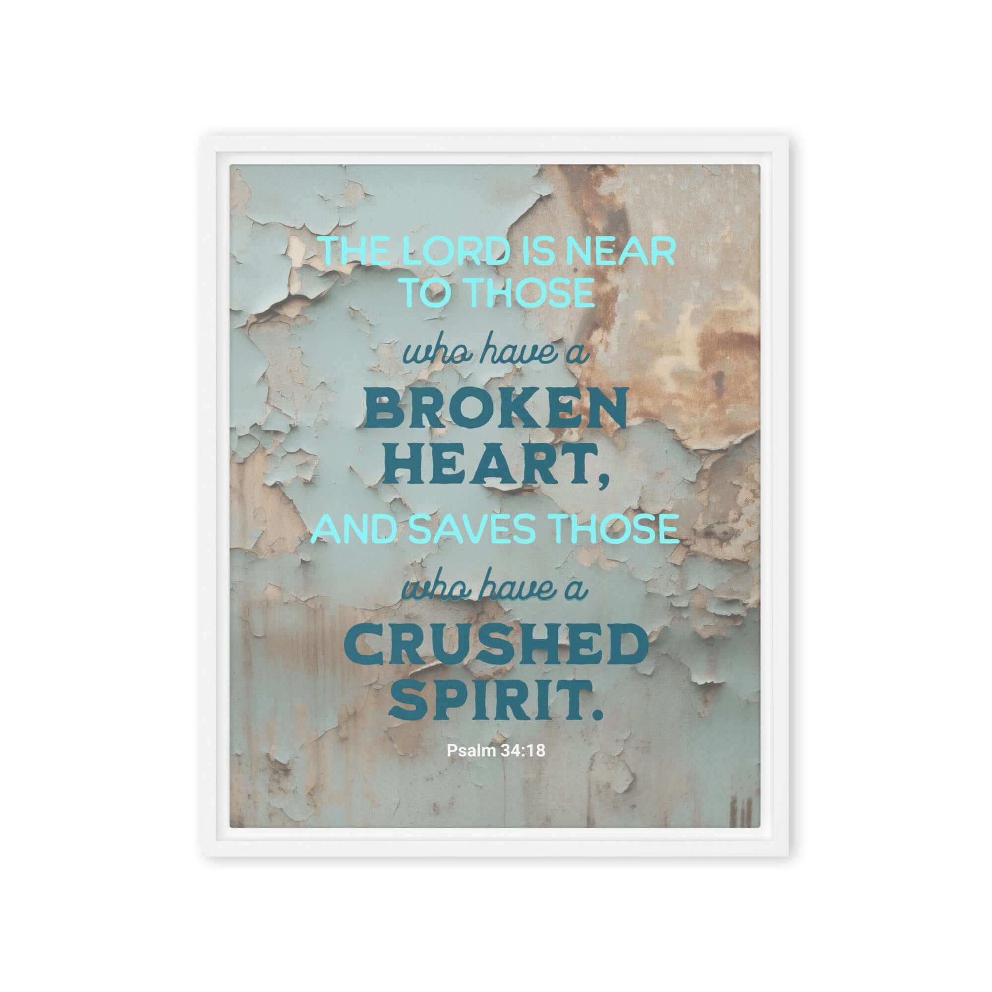 Psalm 34:18 Bible Verse, The LORD is Near Framed Canvas Print Wall Art White 16″×20″