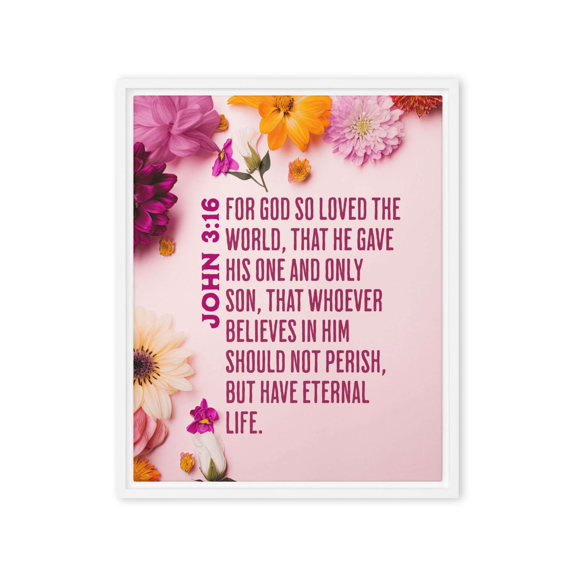 John 3:16 Bible Verse, For God So Loved Framed Canvas Print Wall Art White 16″×20″