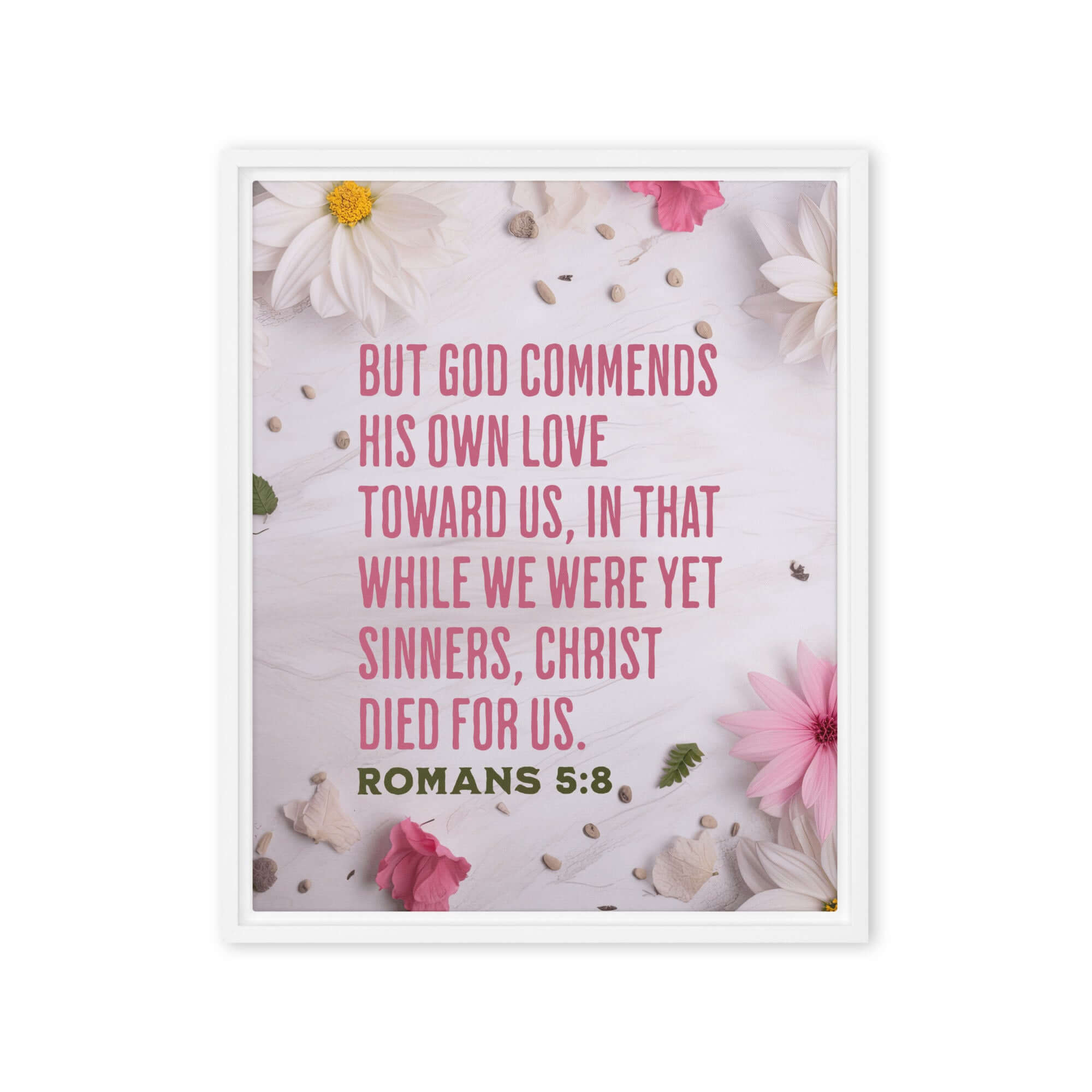 Romans 5:8 Bible Verse, Christ Died for Us Framed Canvas Print Wall Art White 16″×20″