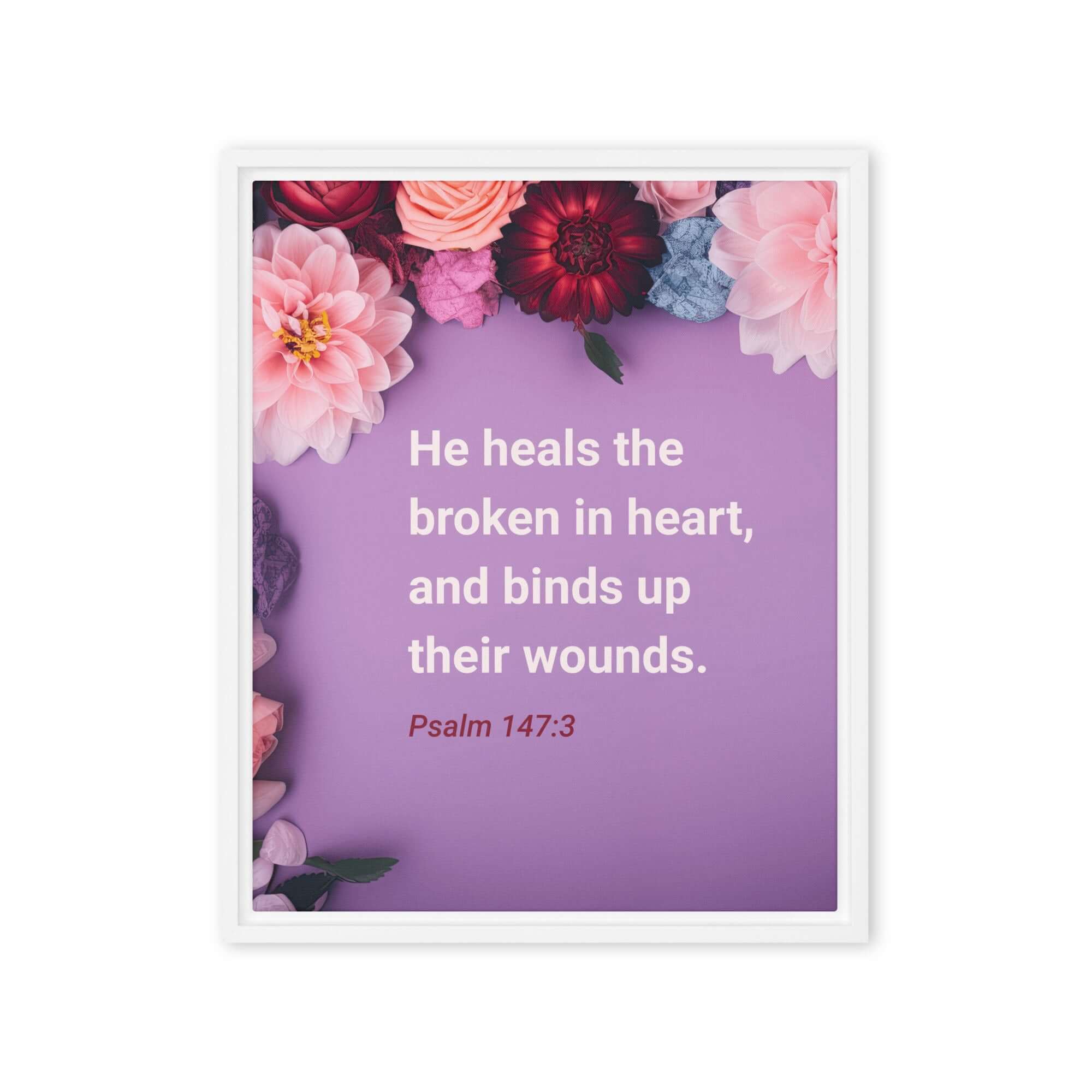 Psalm 147:3 Bible Verse, He heals the broken Framed Canvas Print Wall Art White 16″×20″