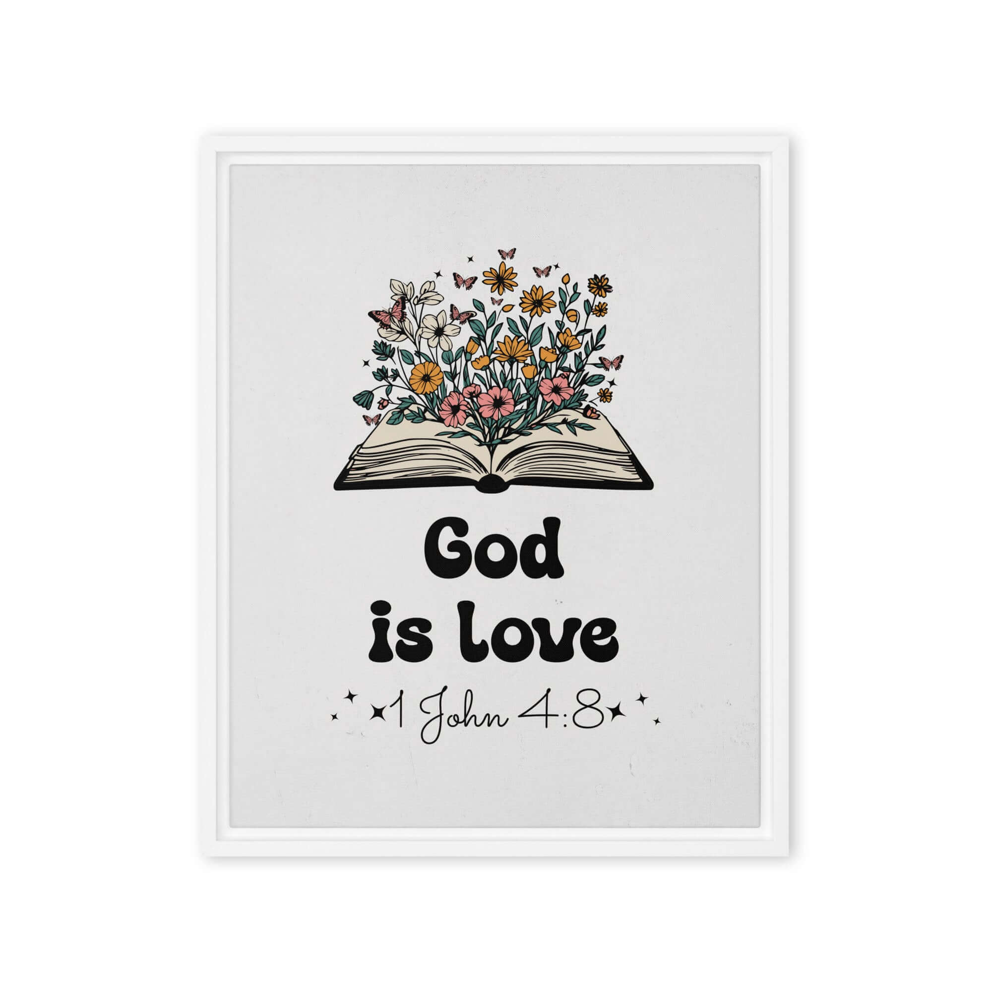 1 John 4:8 Bible Verse, God is Love Framed Canvas Print Wall Art White 16″×20″