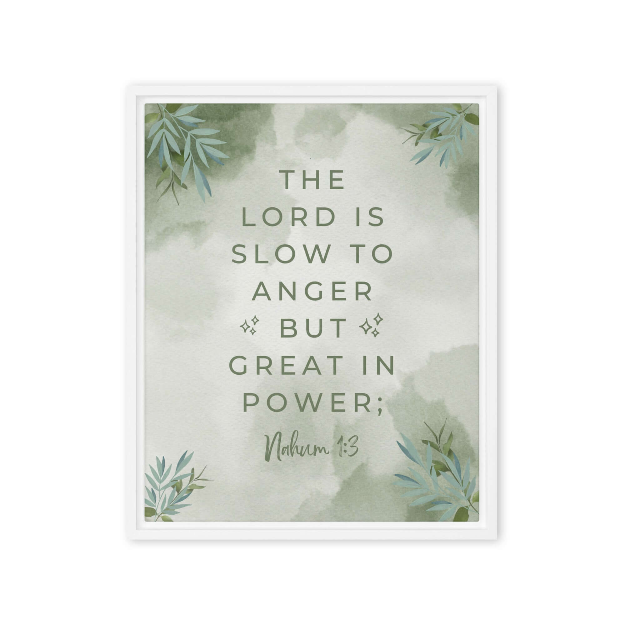 Nahum 1:3 Bible Verse, The Lord is slow Framed Canvas Print Wall Art White 16″×20″
