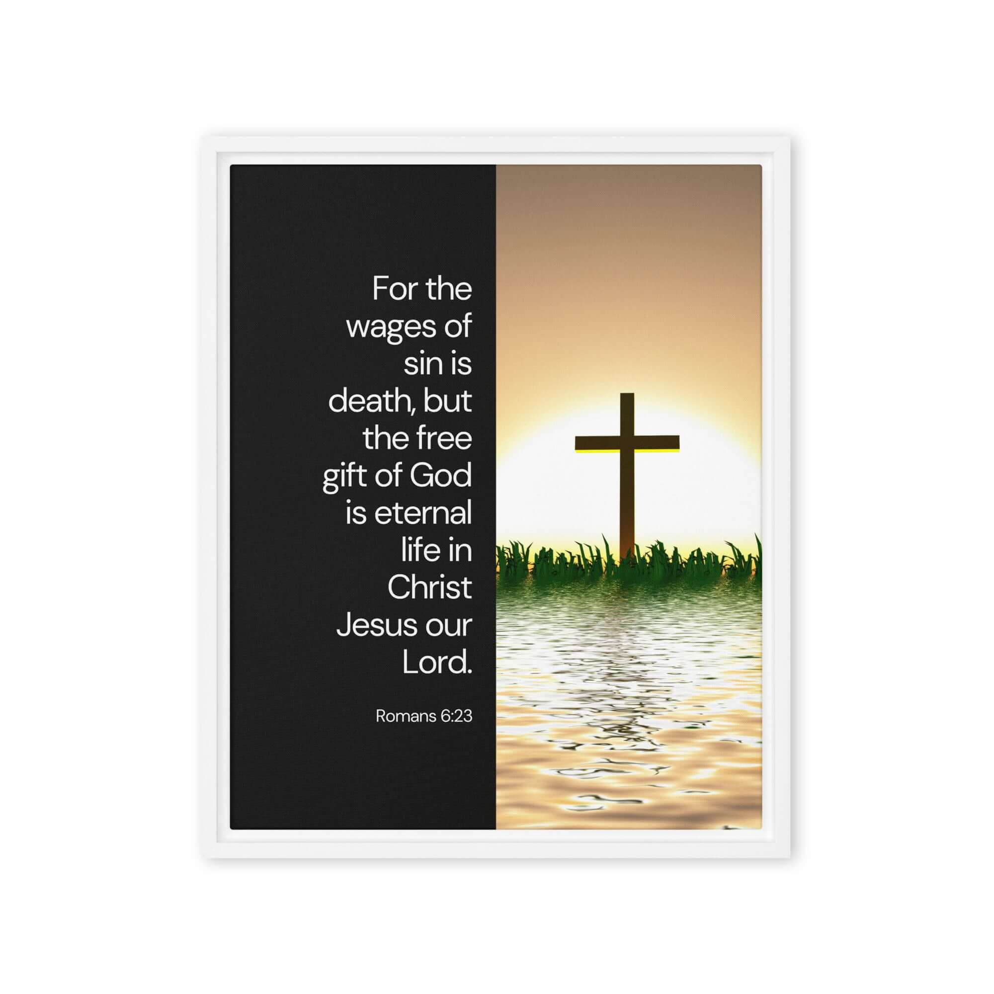 Romans 6:23 Bible Verse, the wages Framed Canvas Print Wall Art White 16″×20″