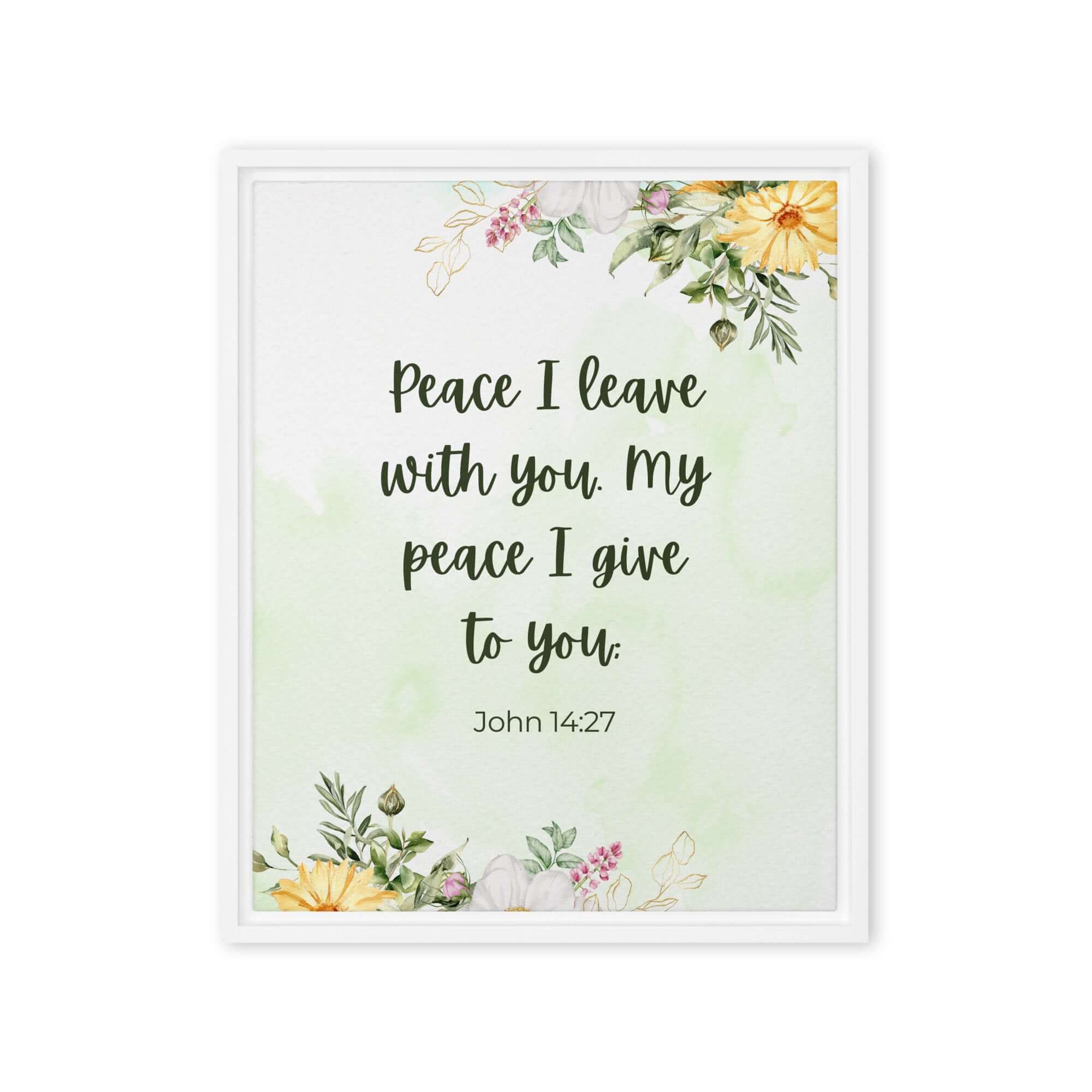 John 14:27 Bible Verse, My peace Framed Canvas Print Wall Art White 16″×20″