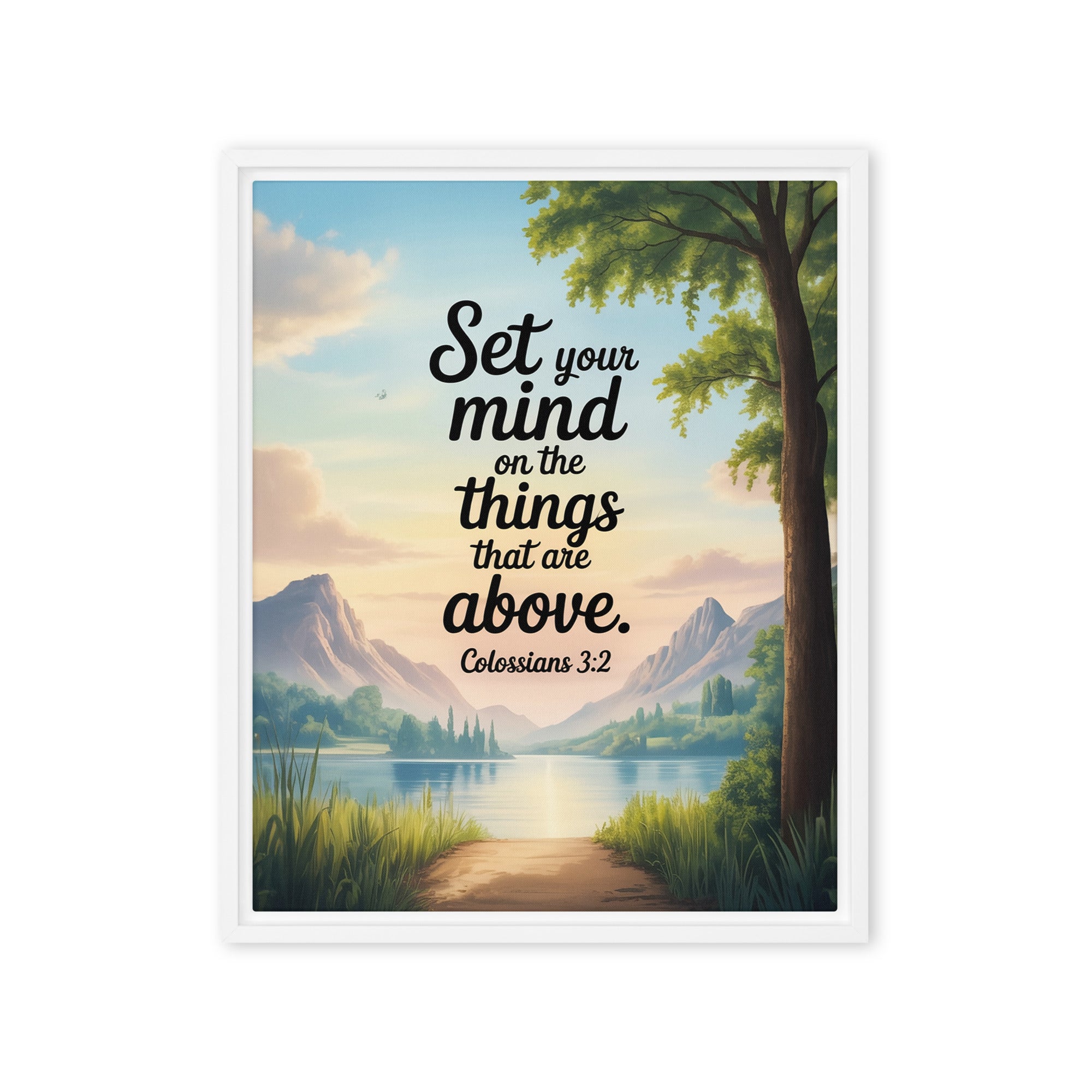 Colossians 3:2 Bible Verse Set Framed Canvas White 16″×20″
