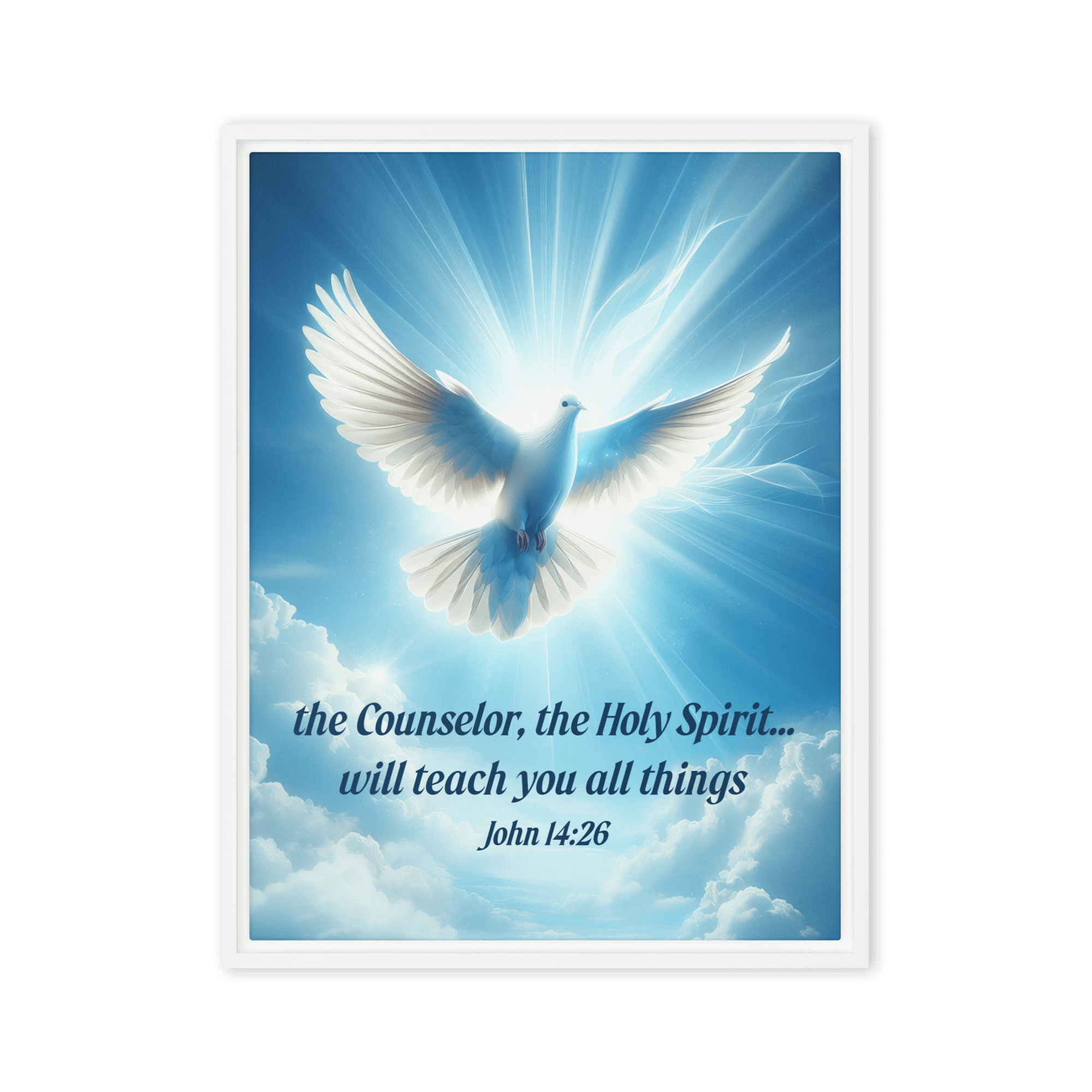 John 14:26 Bible Verse, Holy Spirit Dove Framed Canvas Print Wall Art White 18″×24″