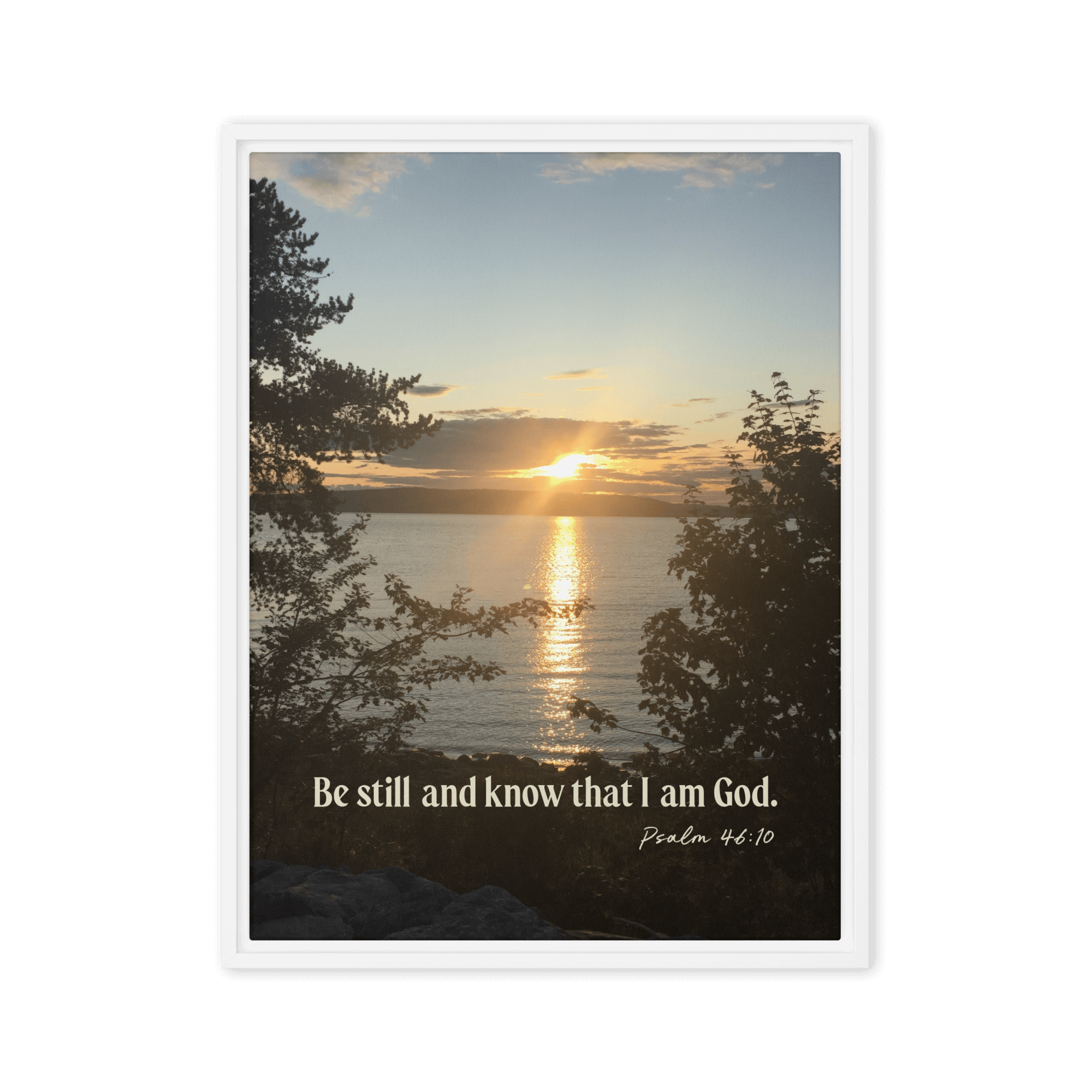 Psalm 46:10 Bible Verse, Sunset Glory Framed Canvas Print Wall Art White 18″×24″