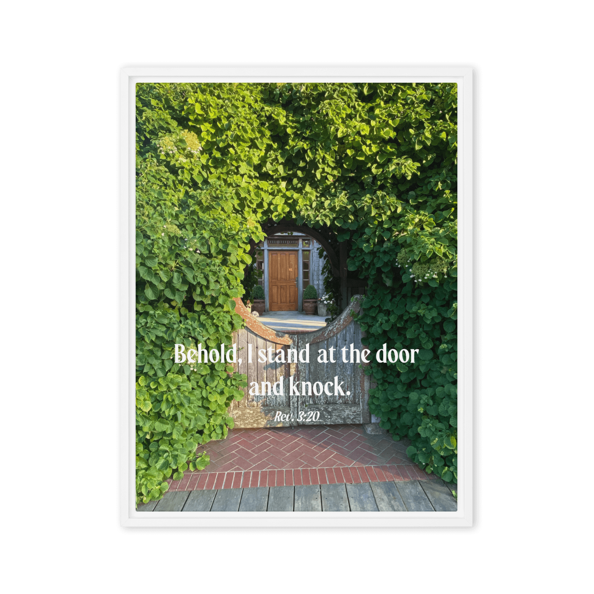 Revelation 3:20 Bible Verse, Garden Doorway Framed Canvas Print Wall Art White 18″×24″