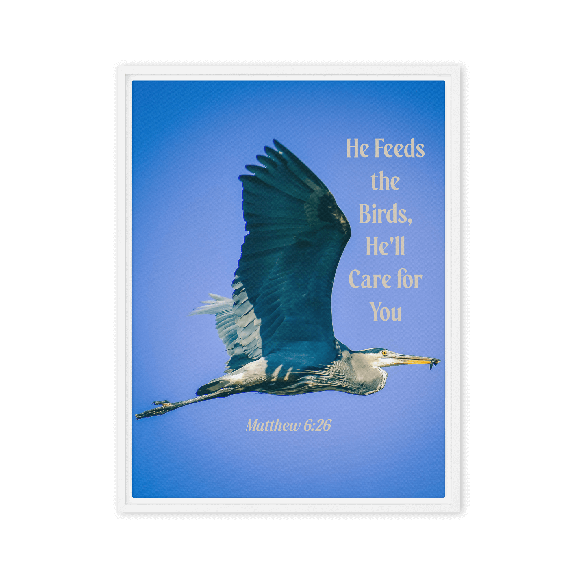 Matthew 6:26 Graceful Heron, He'll Care for You Framed Canvas Print Wall Art White 18″×24″