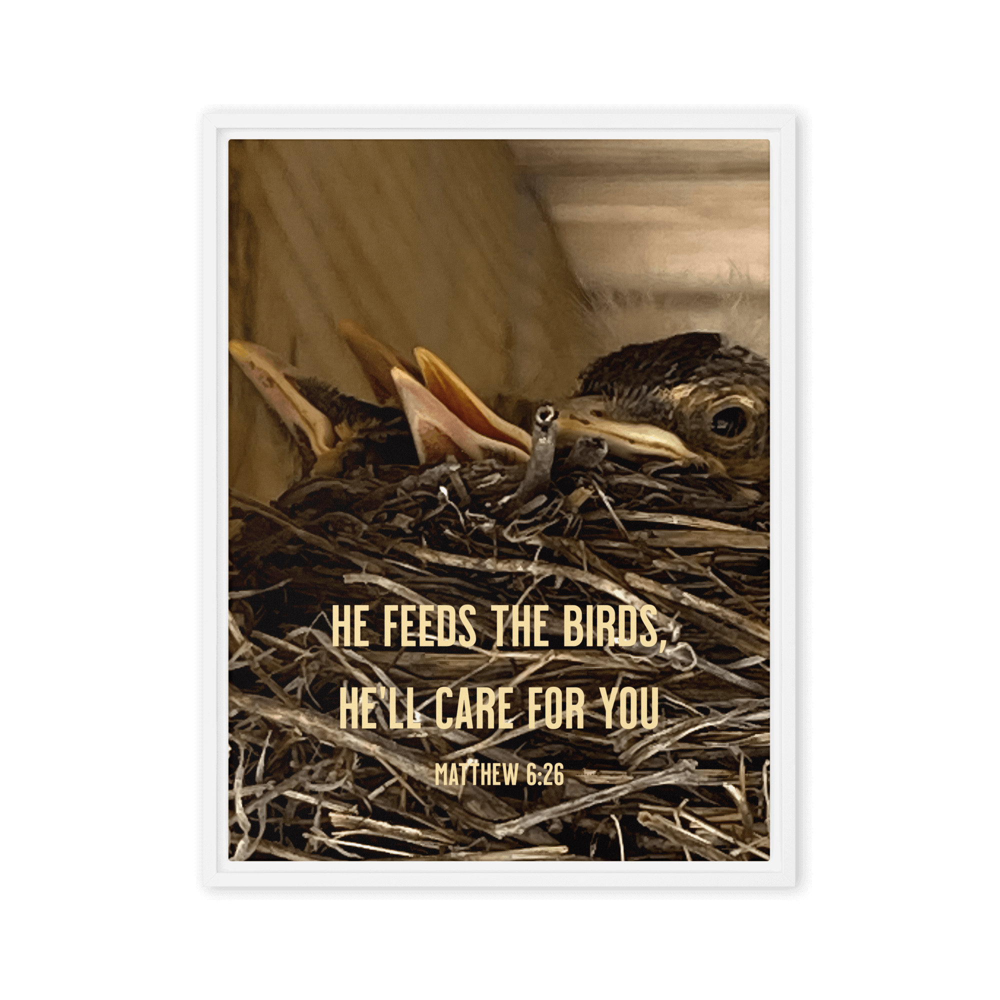 Matthew 6:26 Baby Robins, He'll Care for You Framed Canvas Print Wall Art White 18″×24″