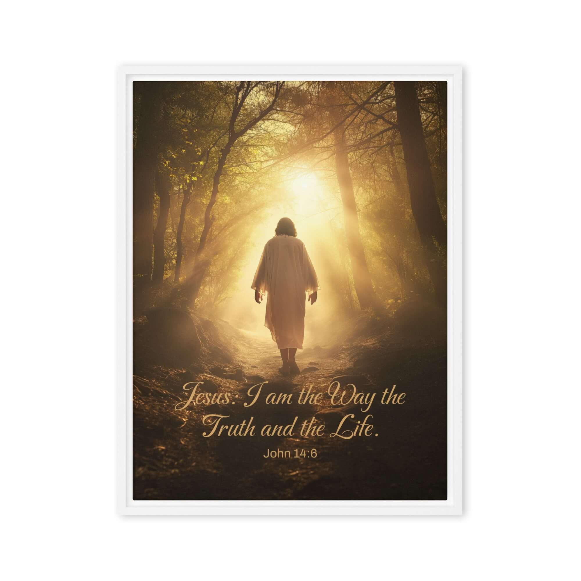 John 14:6 Bible Verse, Forest Image Framed Canvas Print Wall Art White 18″×24″