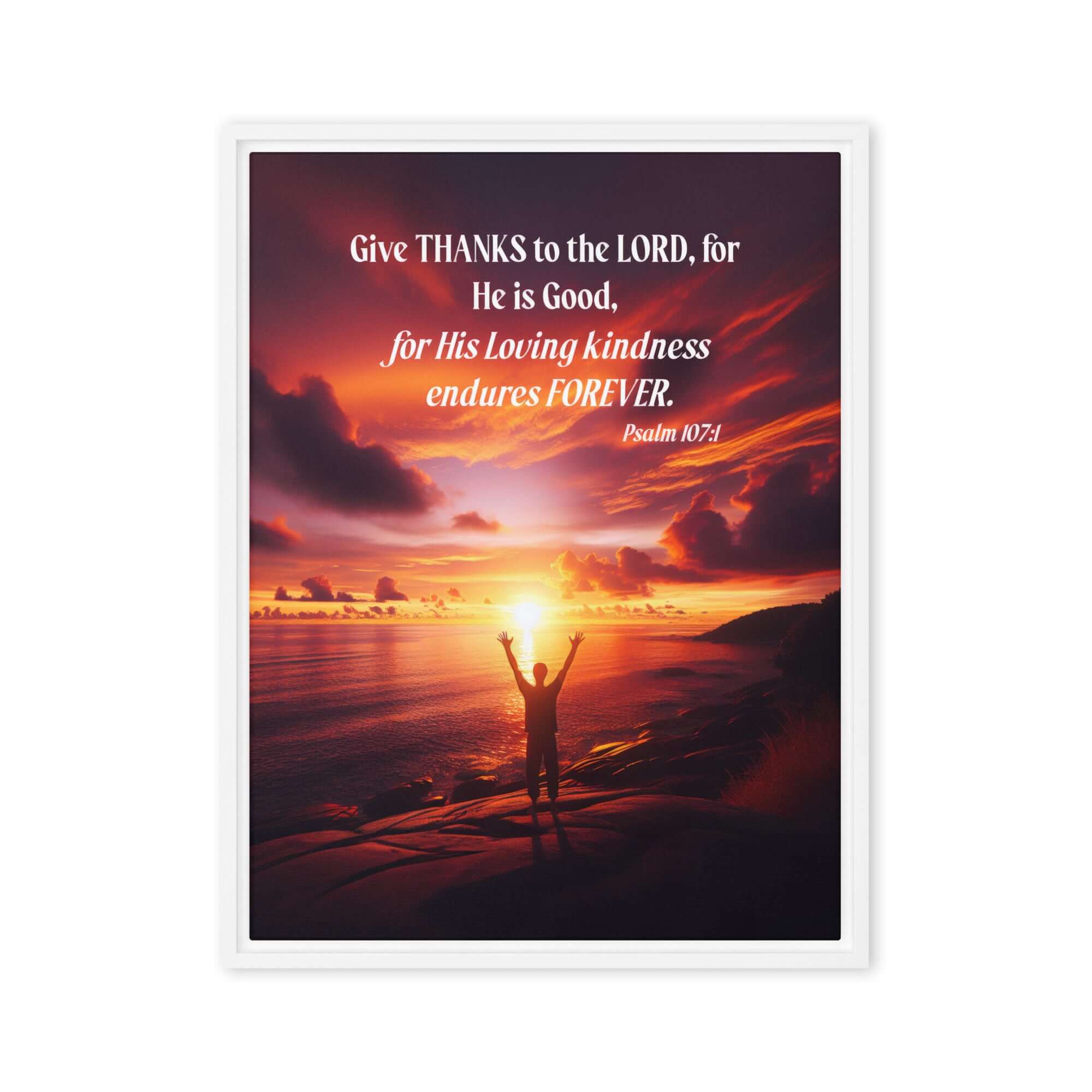 Psalm 107:1 Bible Verse, Give Thanks to the Lord Framed Canvas Print Wall Art White 18″×24″