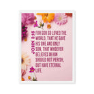 John 3:16 Bible Verse, For God So Loved Framed Canvas Print Wall Art White 18″×24″