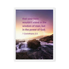 1 Corinthians 2:5 Bible Verse, power of God Framed Canvas Print Wall Art White 18″×24″