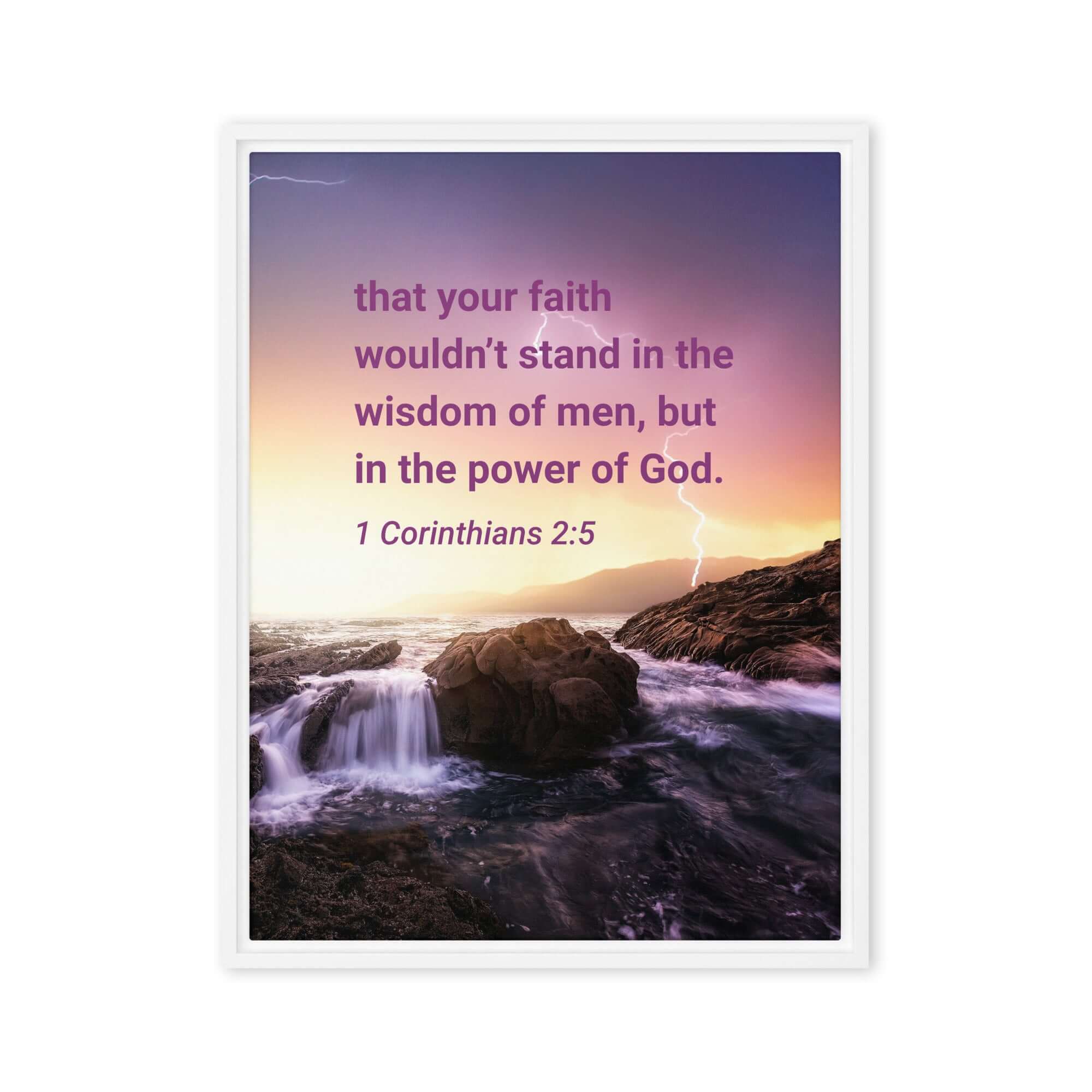 1 Corinthians 2:5 Bible Verse, power of God Framed Canvas Print Wall Art White 18″×24″