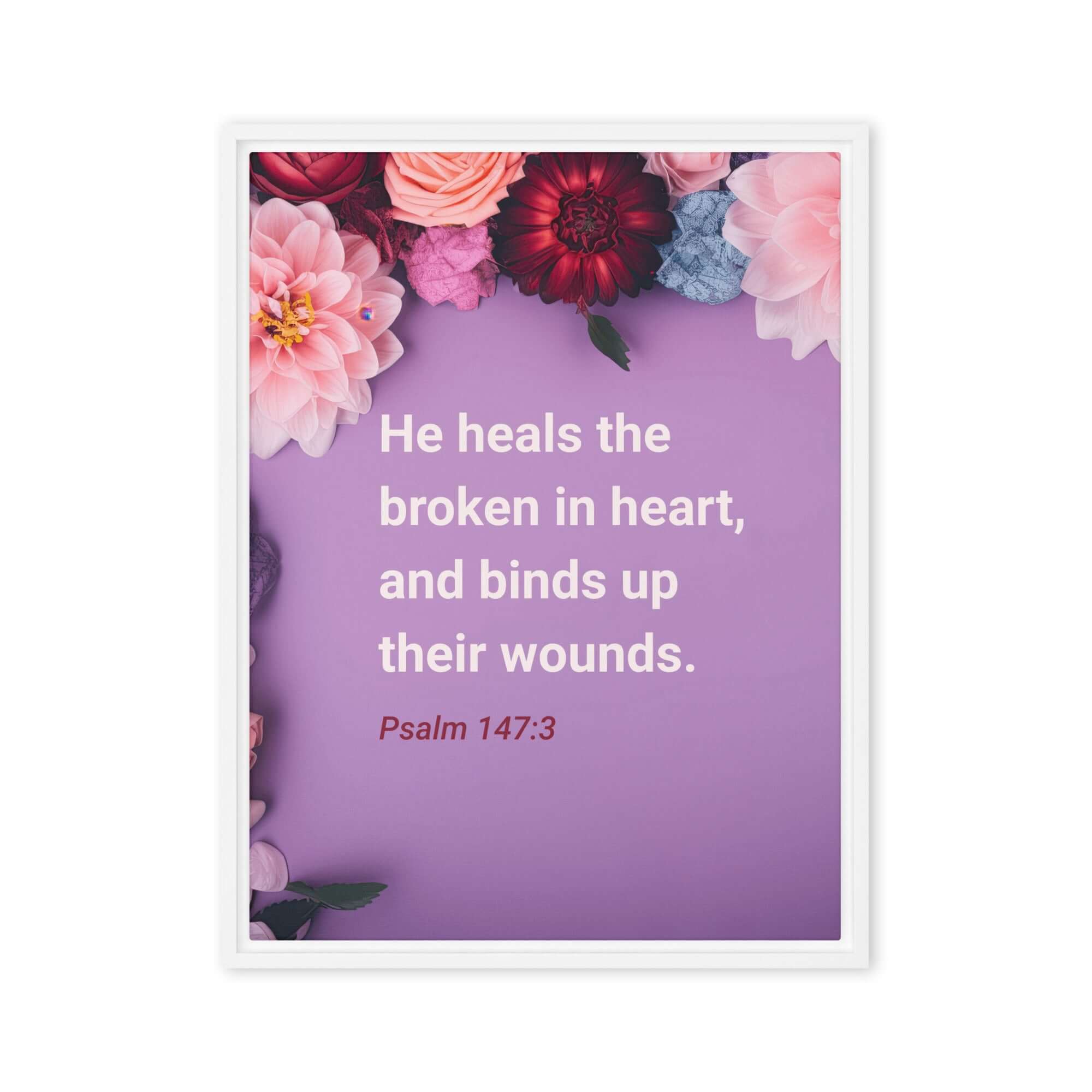 Psalm 147:3 Bible Verse, He heals the broken Framed Canvas Print Wall Art White 18″×24″