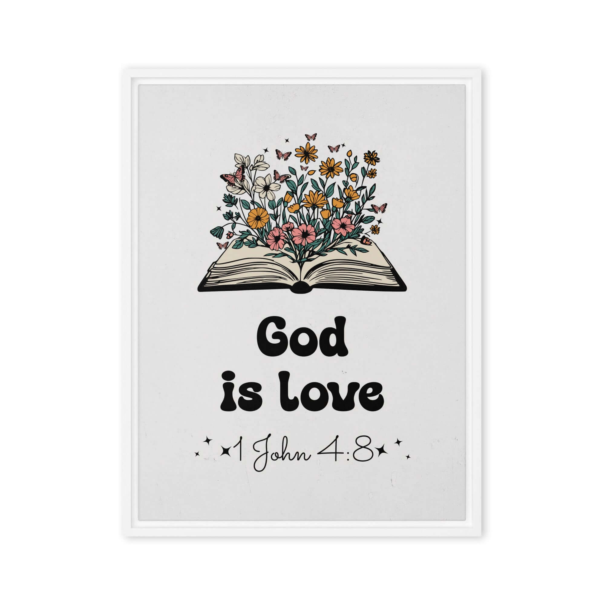 1 John 4:8 Bible Verse, God is Love Framed Canvas Print Wall Art White 18″×24″