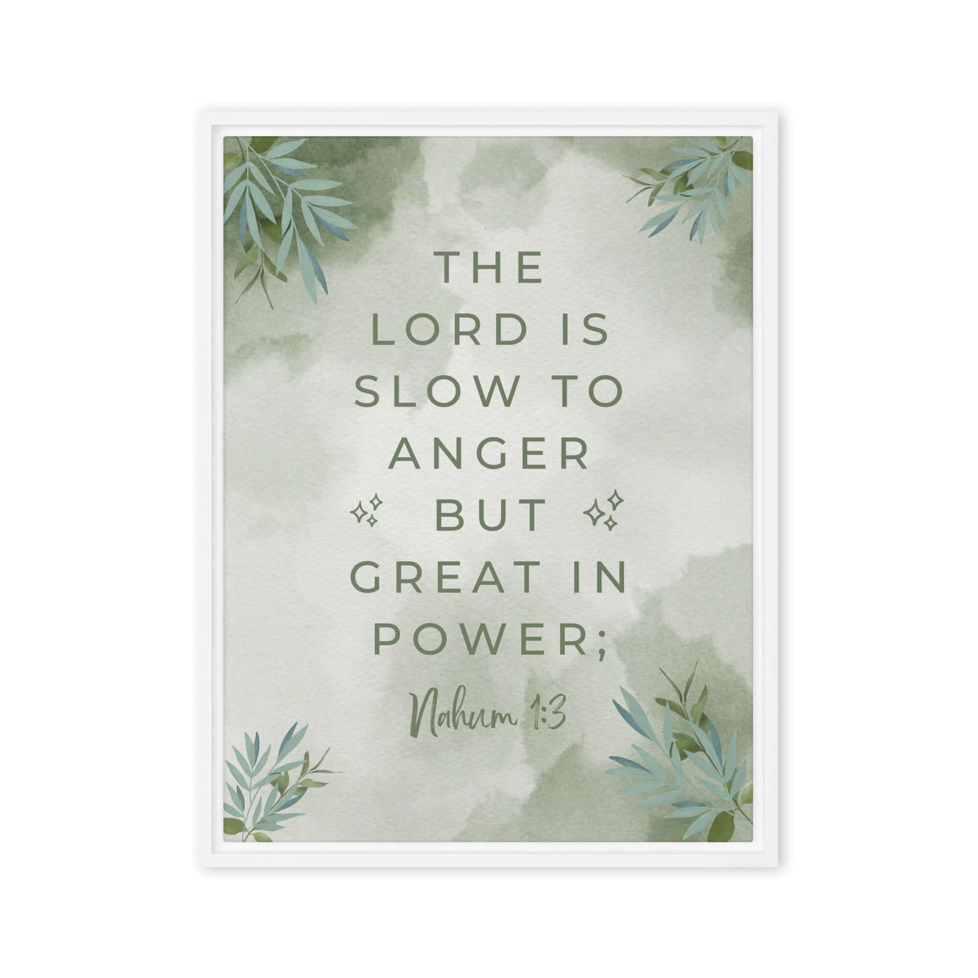 Nahum 1:3 Bible Verse, The Lord is slow Framed Canvas Print Wall Art White 18″×24″