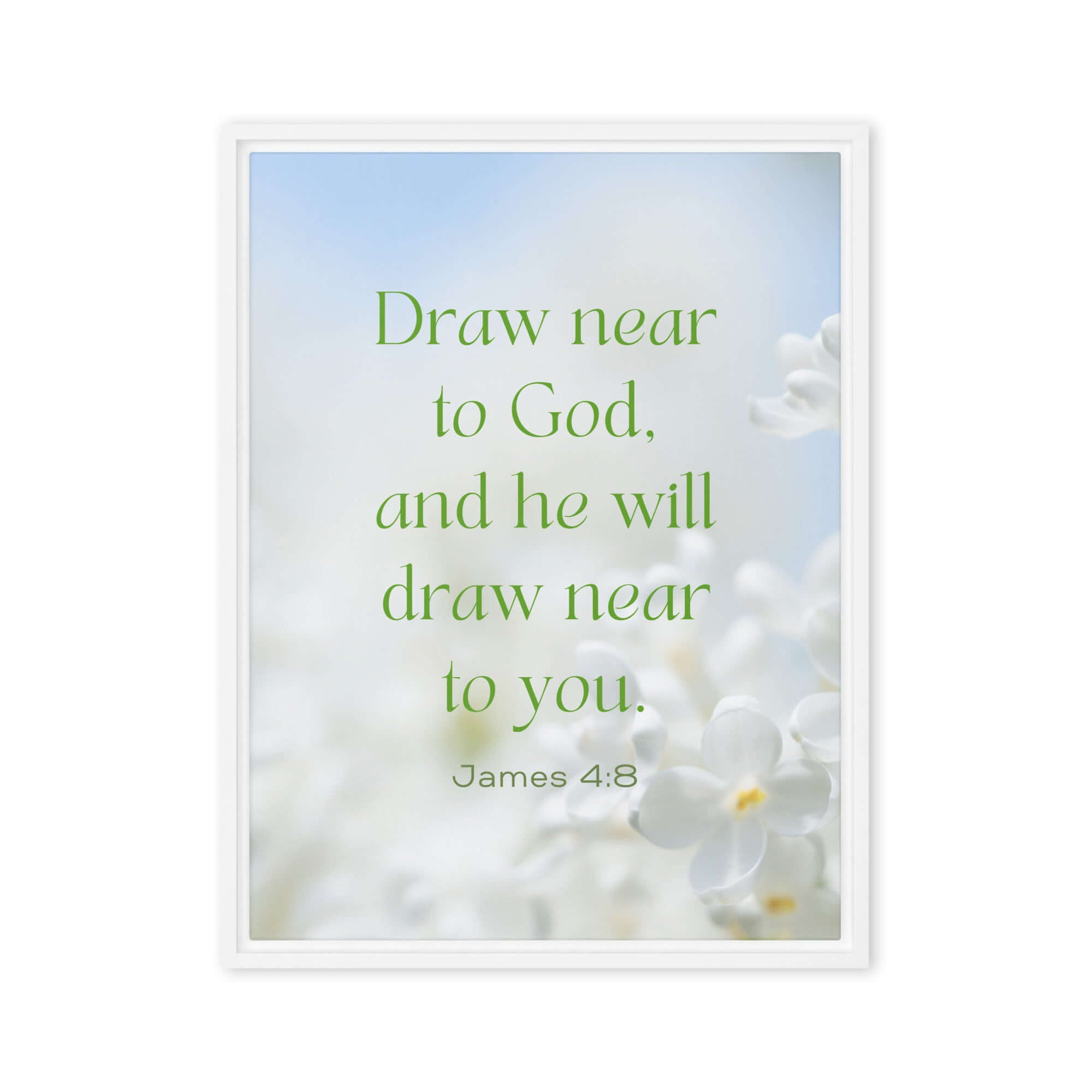 James 4:8 Bible Verse, Draw near Framed Canvas Print Wall Art White 18″×24″