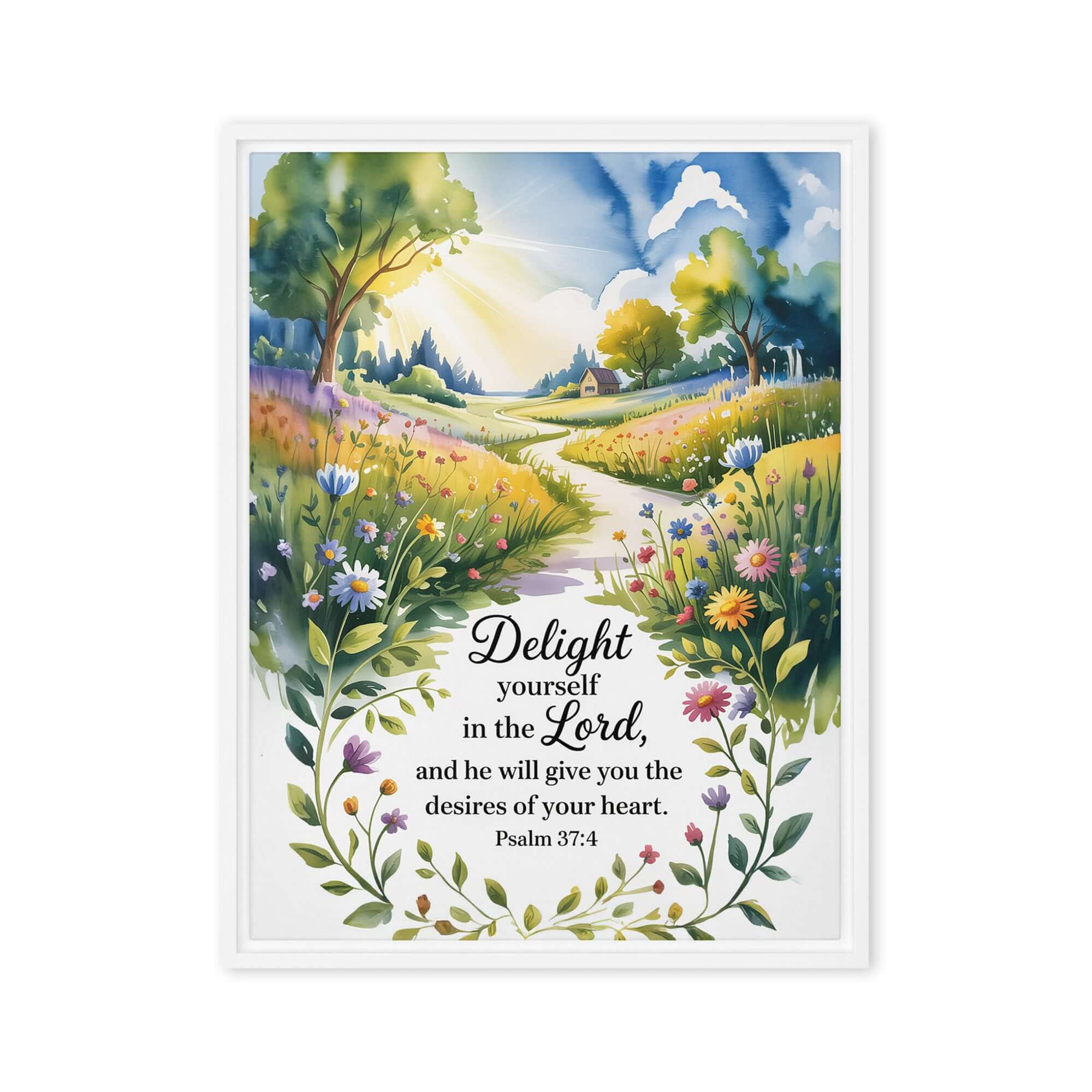 Psalm 37:4 Bible Verse, desires Framed Canvas White 18″×24″