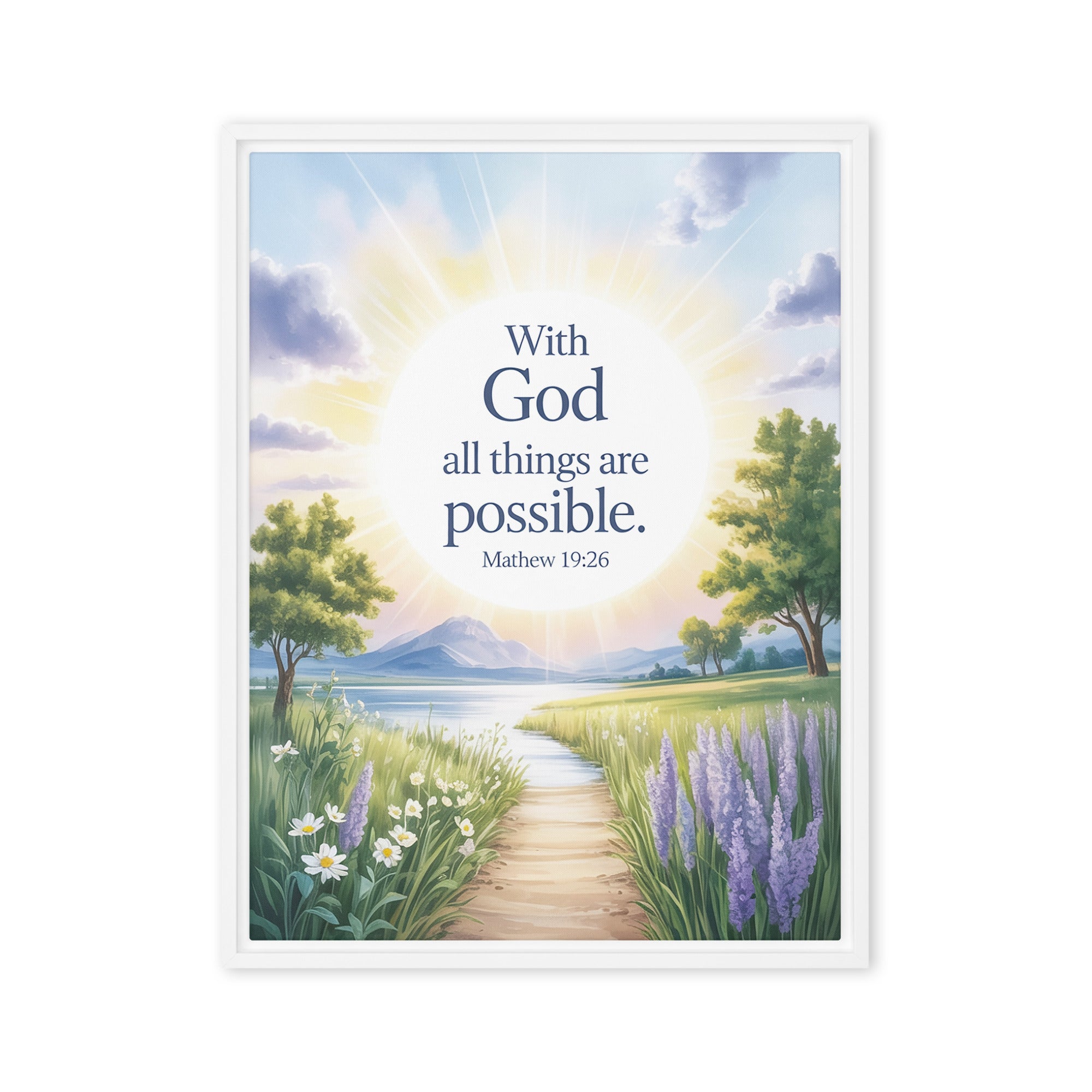 Matthew 19:26 Bible Verse Looking at Framed Canvas White 18″×24″