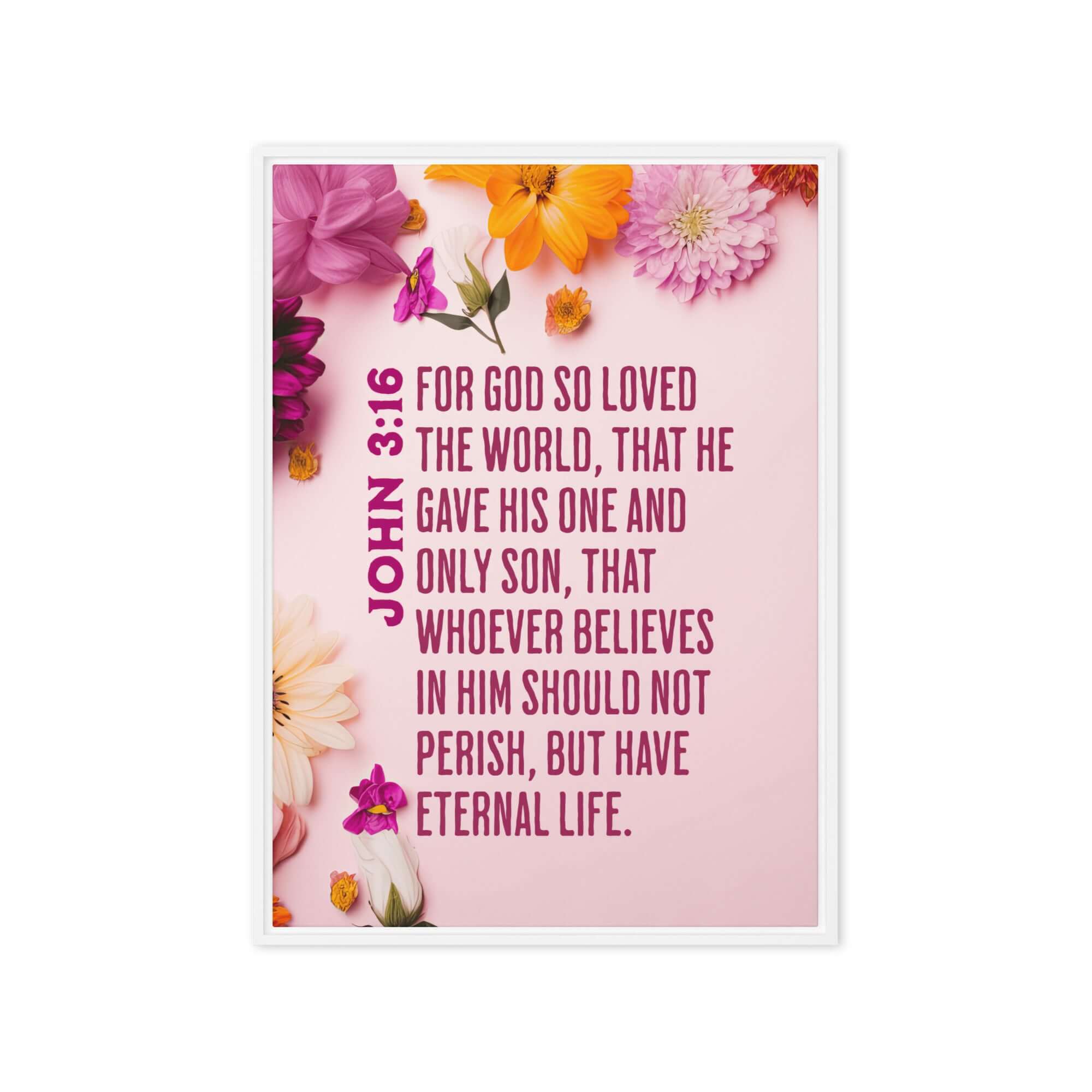 John 3:16 Bible Verse, For God So Loved Framed Canvas Print Wall Art White 20″×28″