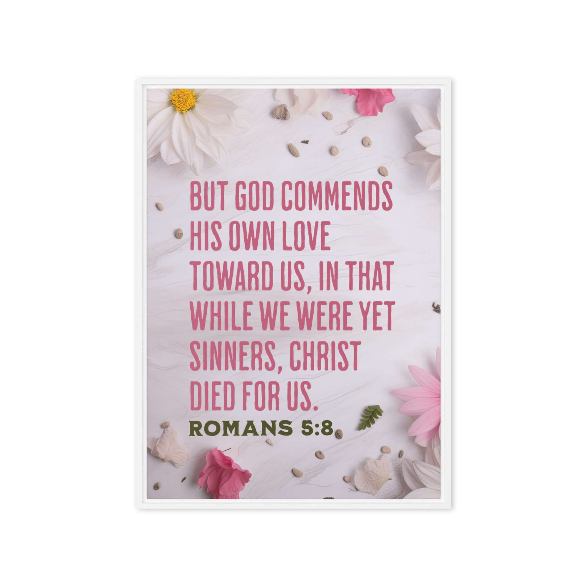 Romans 5:8 Bible Verse, Christ Died for Us Framed Canvas Print Wall Art White 20″×28″