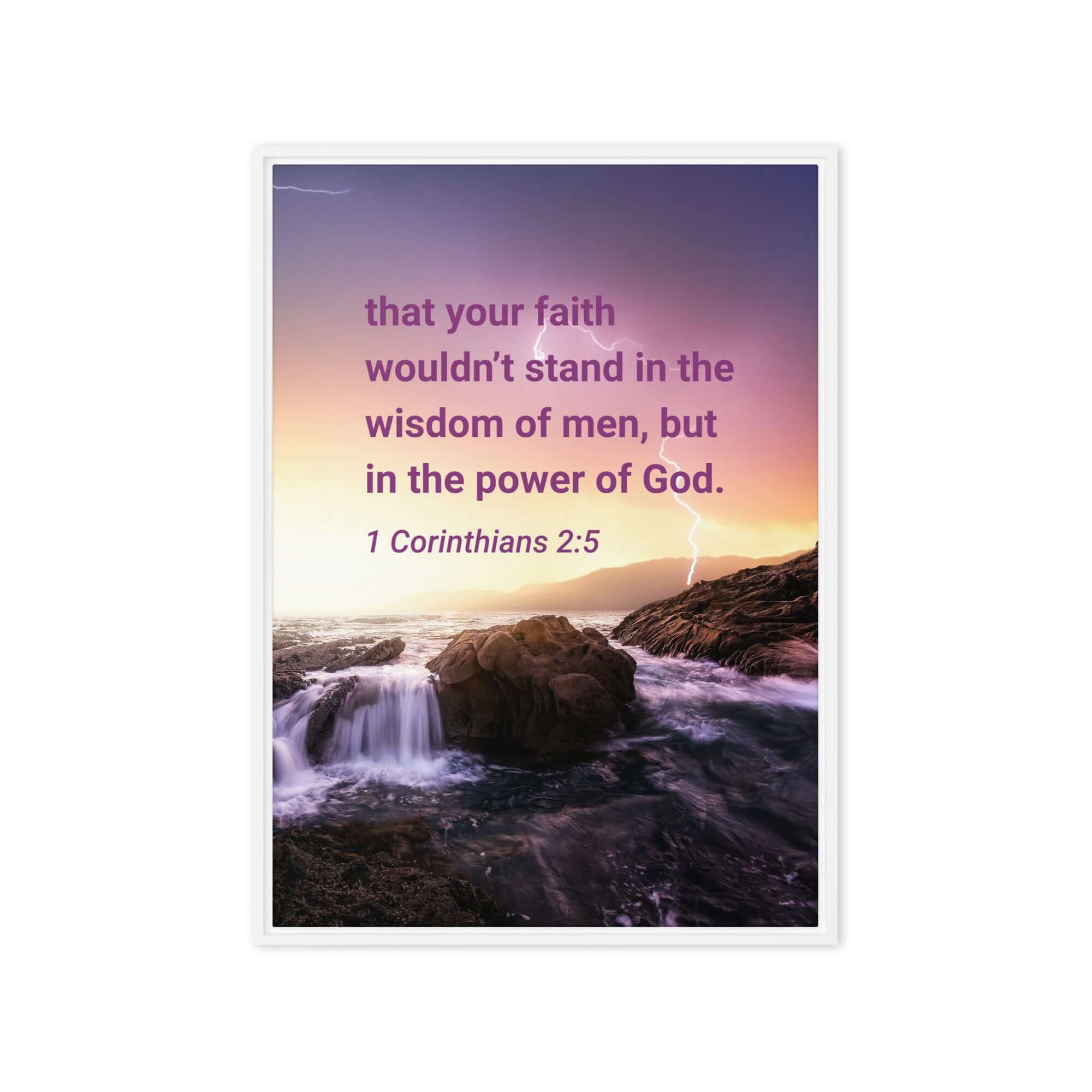 1 Corinthians 2:5 Bible Verse, power of God Framed Canvas Print Wall Art White 20″×28″