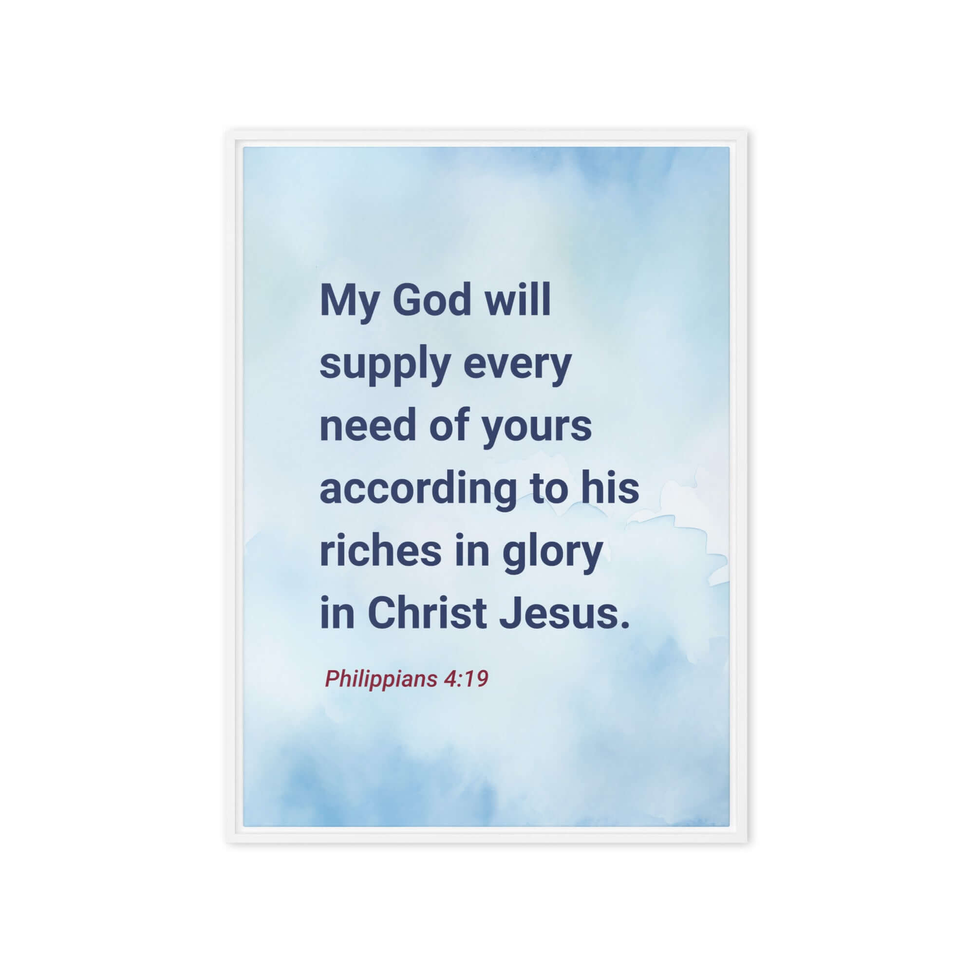 Philippians 4:19 Bible Verse, God will supply Framed Canvas Print Wall Art White 20″×28″