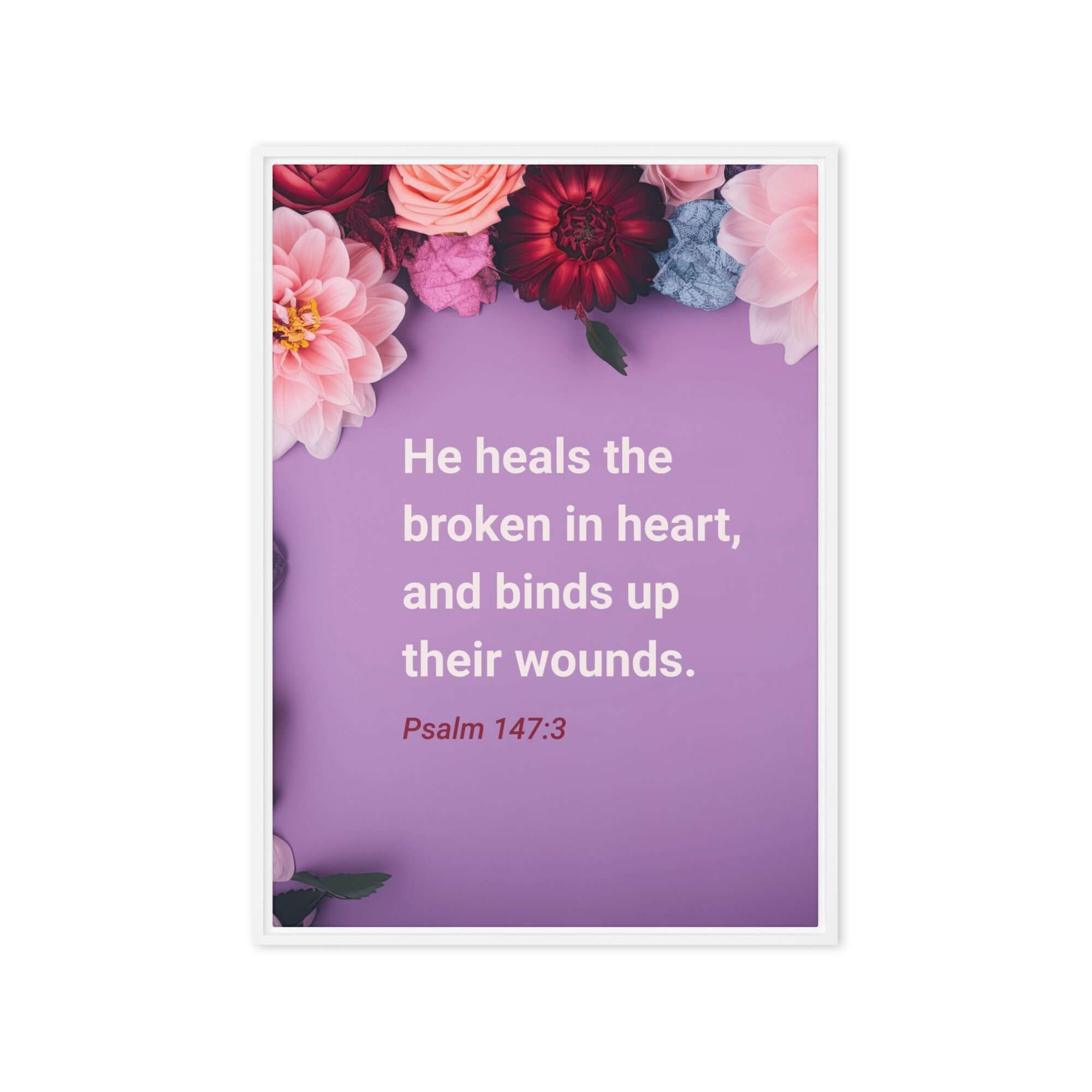 Psalm 147:3 Bible Verse, He heals the broken Framed Canvas Print Wall Art White 20″×28″