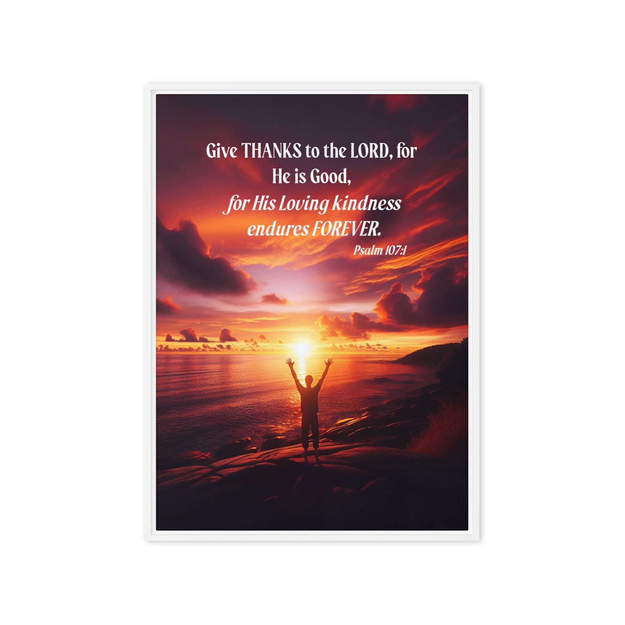 Psalm 107:1 Bible Verse, Give Thanks to the Lord Framed Canvas Print Wall Art White 20″×28″