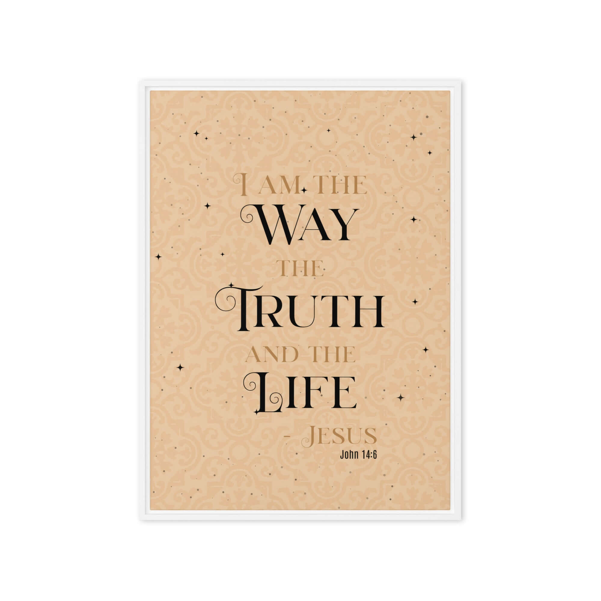 John 14:6 Bible Verse, Color Text Brown Background Framed Canvas Print Wall Art White 20″×28″