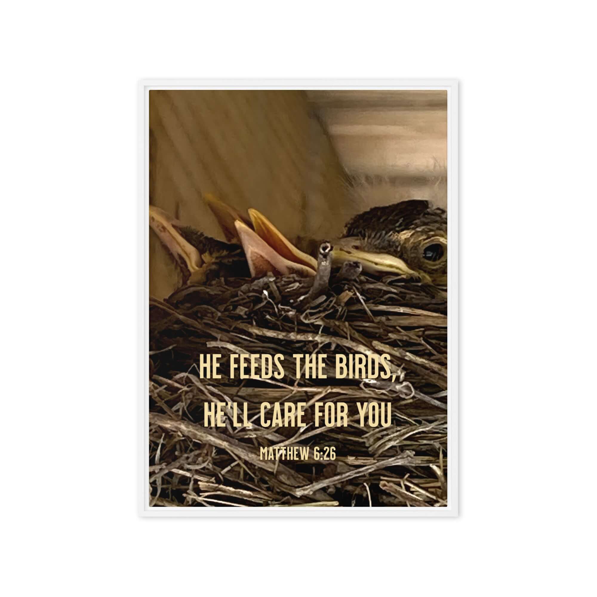 Matthew 6:26 Baby Robins, He'll Care for You Framed Canvas Print Wall Art White 20″×28″