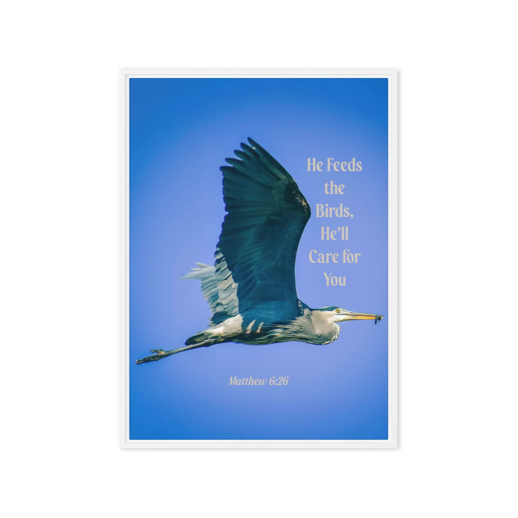 Matthew 6:26 Graceful Heron, He'll Care for You Framed Canvas Print Wall Art White 20″×28″