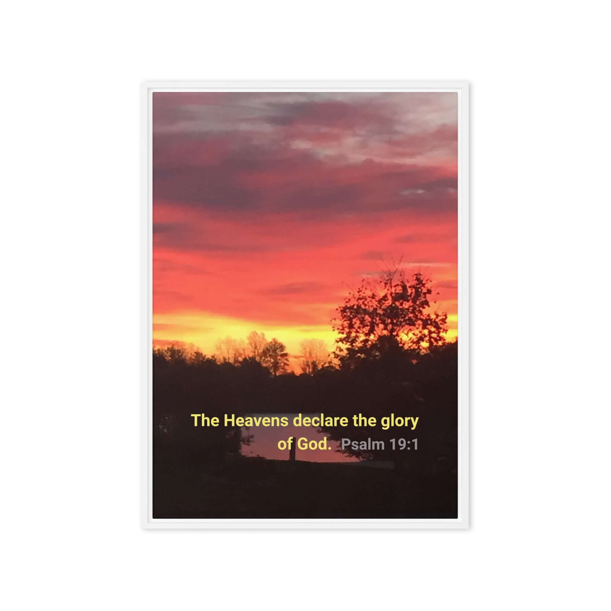 Psalm 19:1 Bible Verse, Sunset Glory Framed Canvas Print Wall Art White 20″×28″