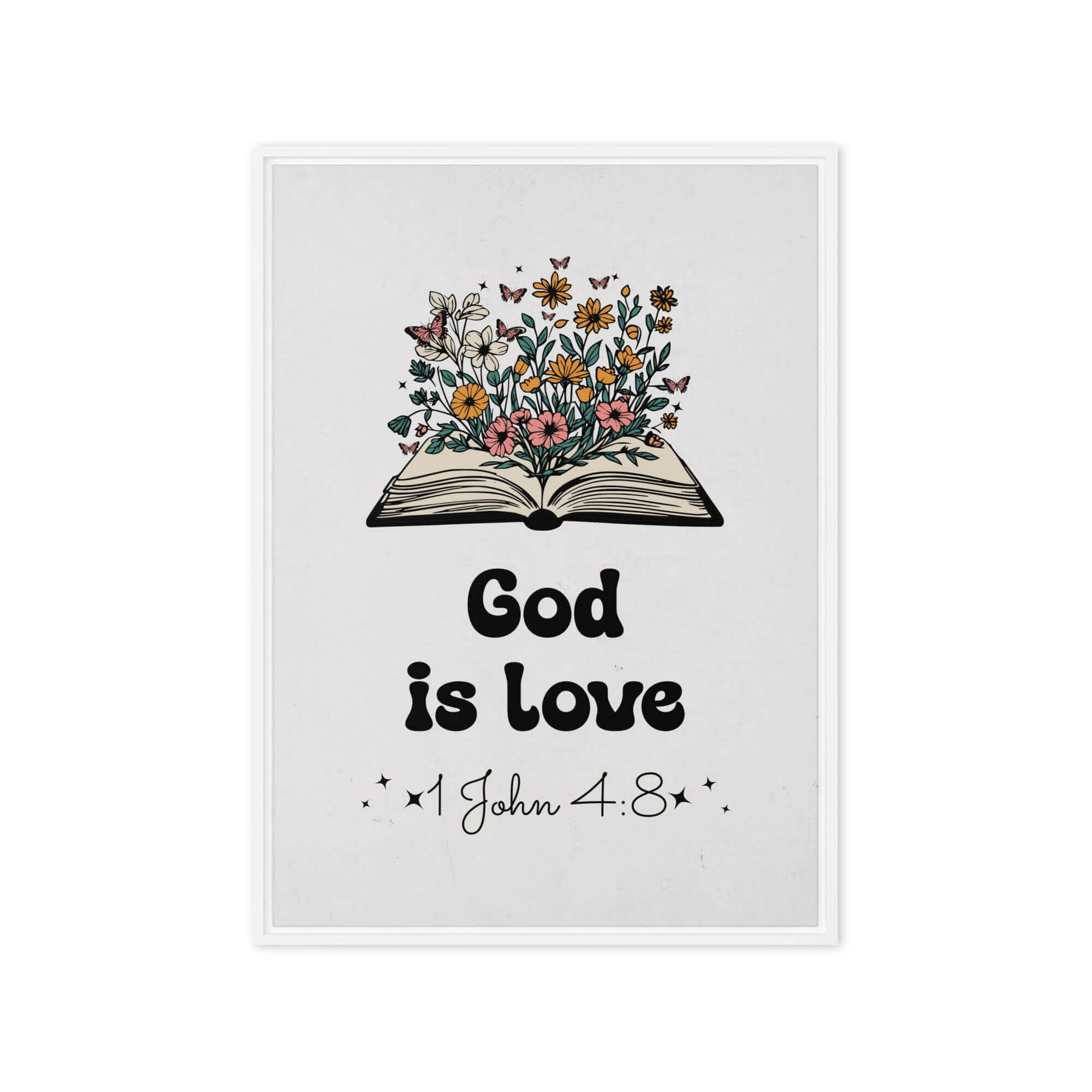 1 John 4:8 Bible Verse, God is Love Framed Canvas Print Wall Art White 20″×28″
