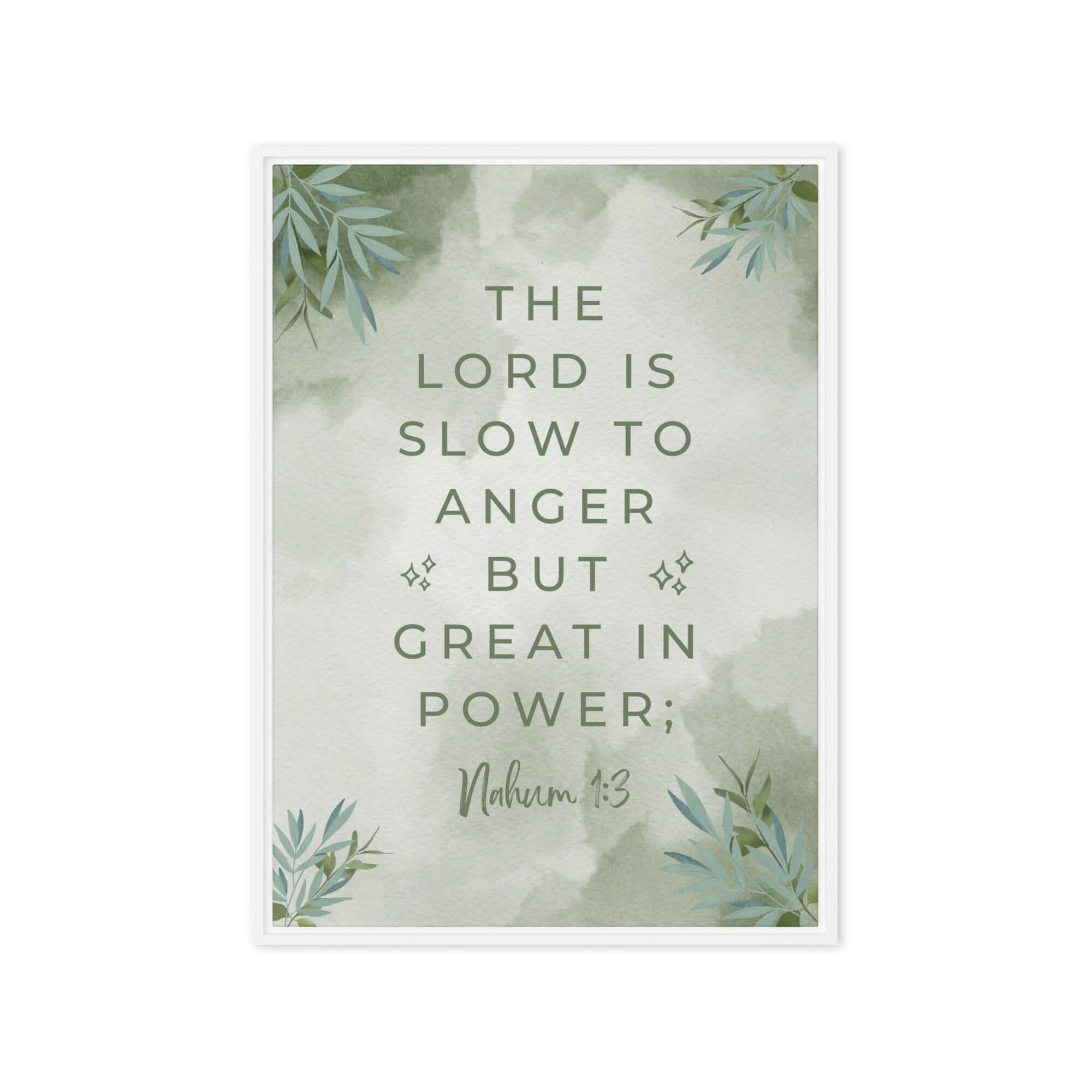 Nahum 1:3 Bible Verse, The Lord is slow Framed Canvas Print Wall Art White 20″×28″