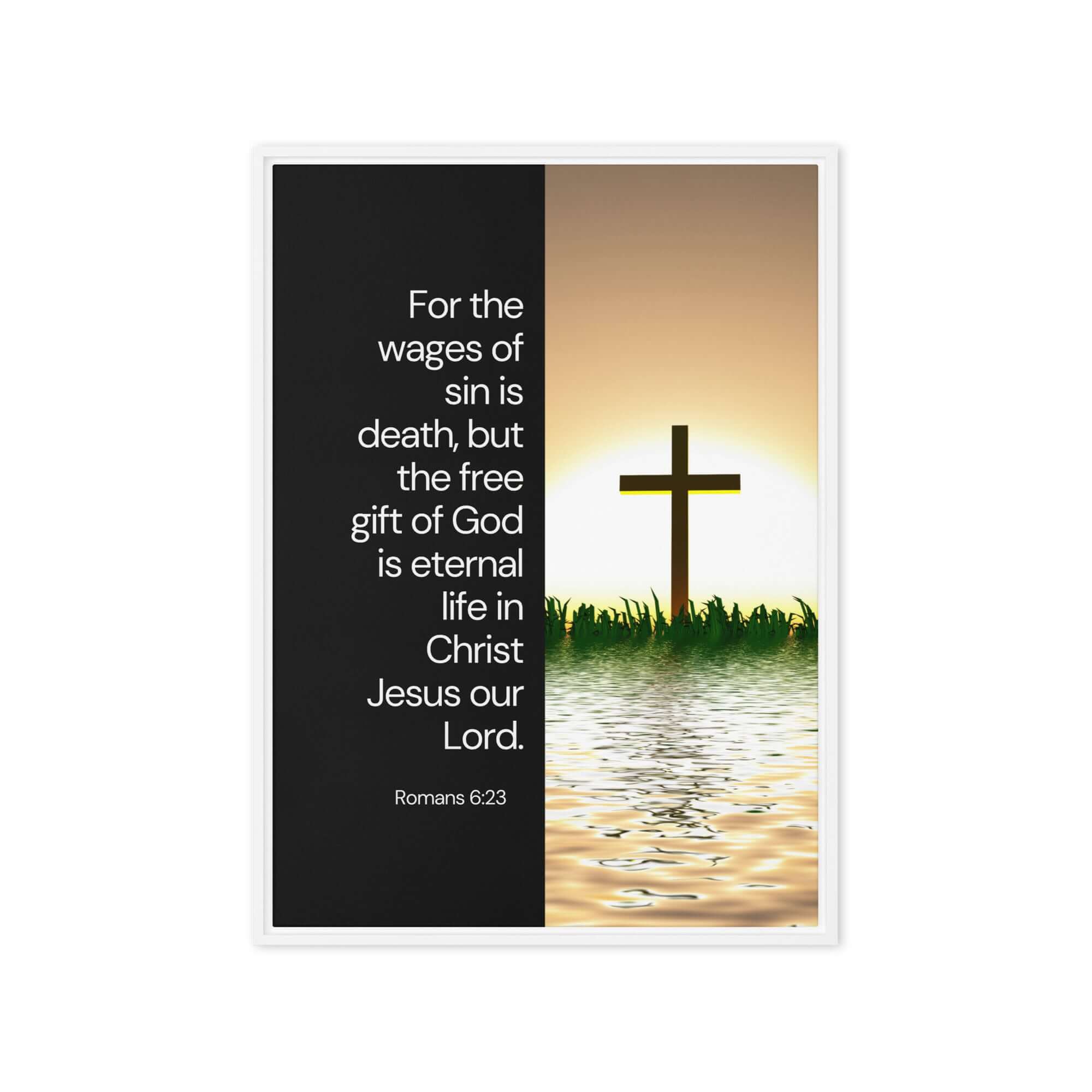 Romans 6:23 Bible Verse, the wages Framed Canvas Print Wall Art White 20″×28″