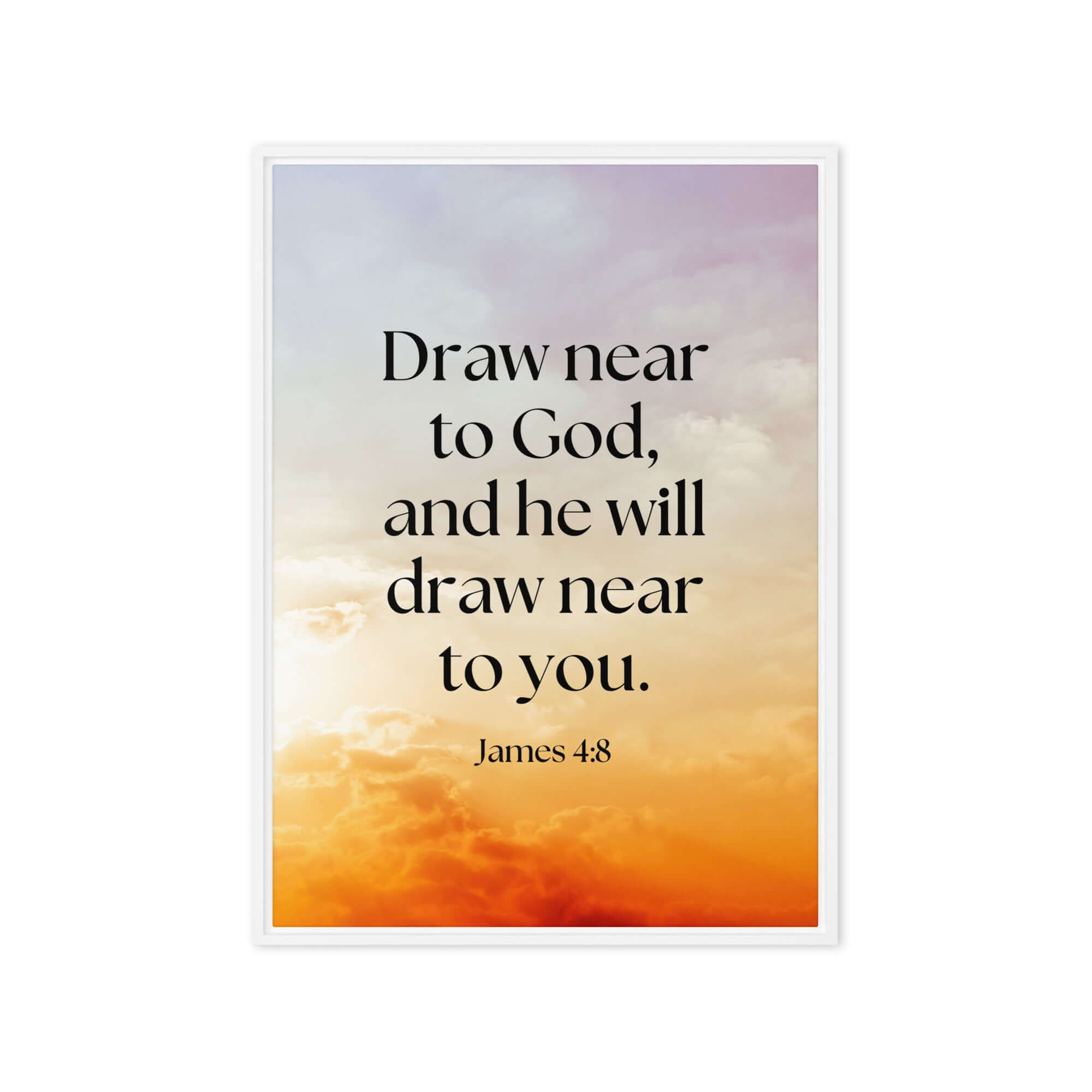James 4:8 Bible Verse, he will draw Framed Canvas Print Wall Art White 20″×28″