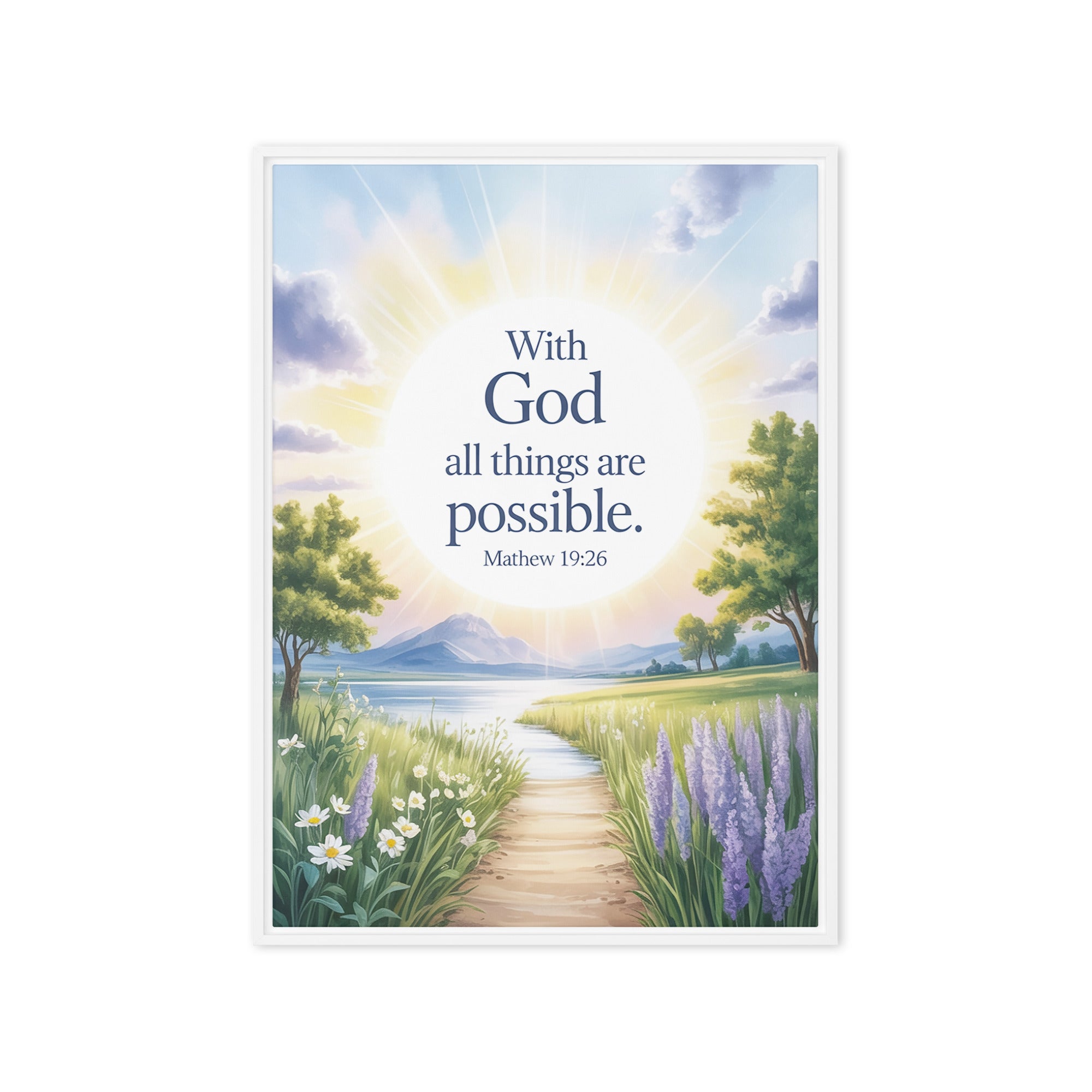 Matthew 19:26 Bible Verse Looking at Framed Canvas White 20″×28″