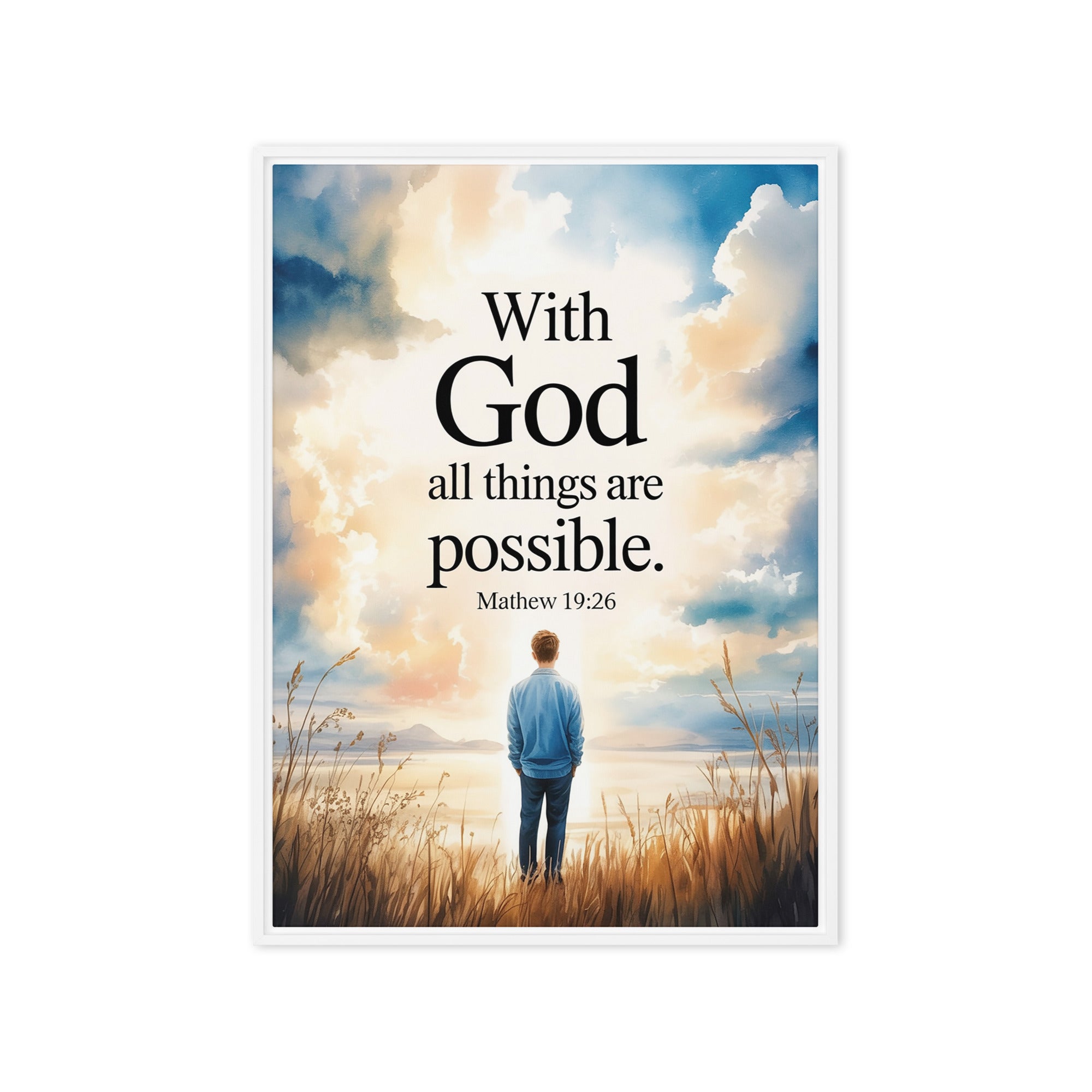 Matthew 19:26 Bible Verse Jesus Framed Canvas White 20″×28″