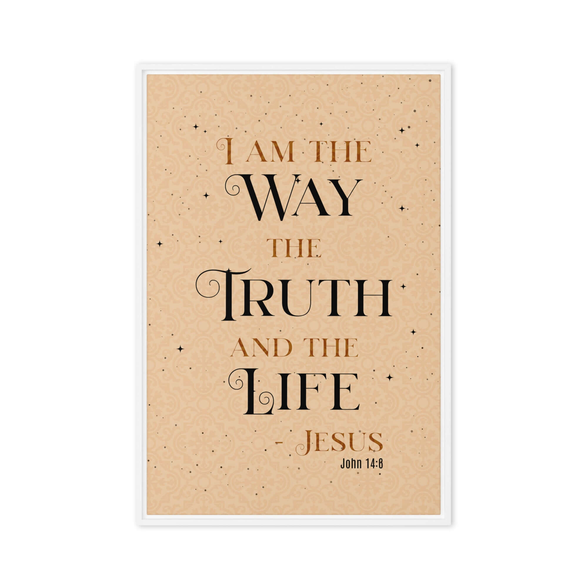 John 14:6 Bible Verse, Color Text Brown Background Framed Canvas Print Wall Art White 20″×30″