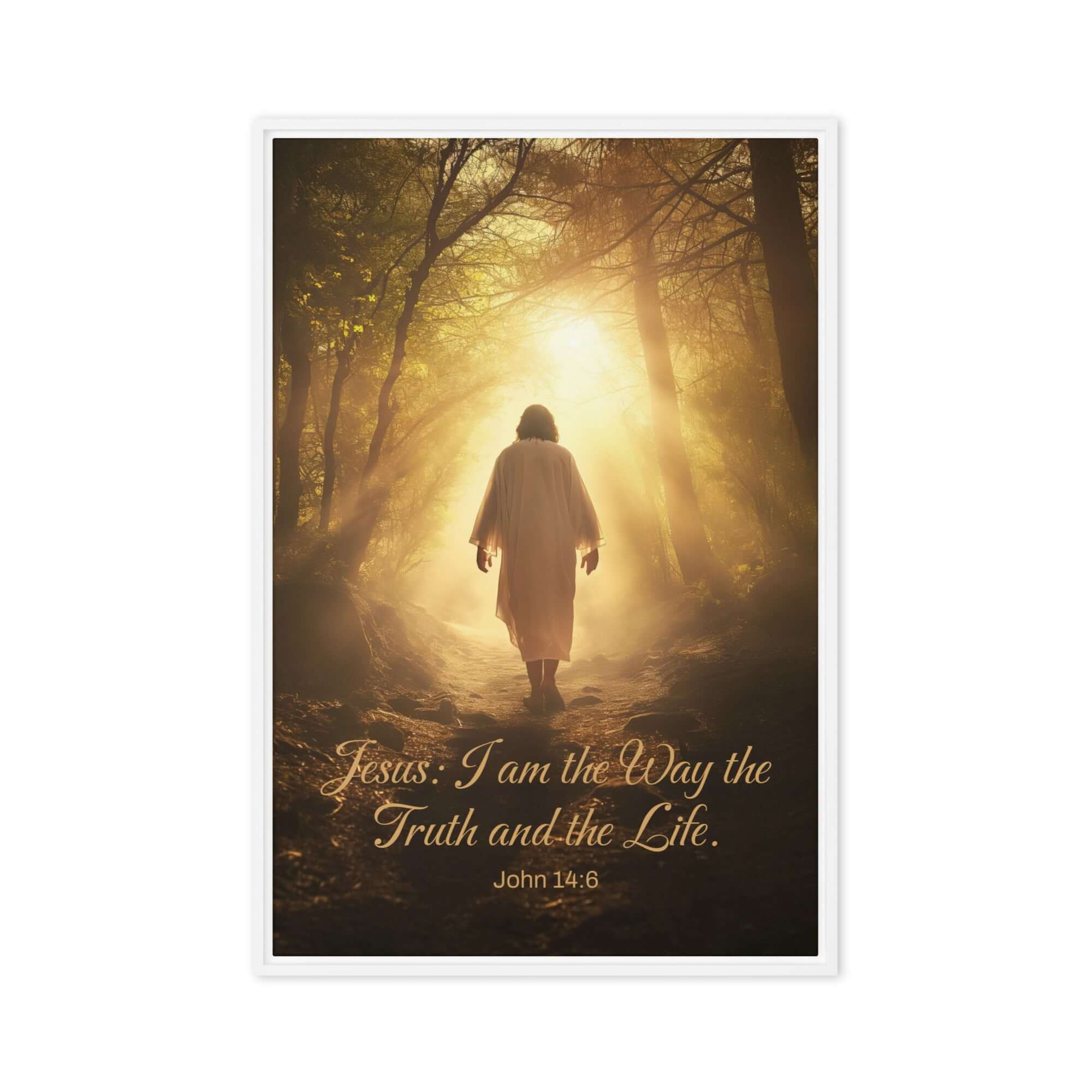 John 14:6 Bible Verse, Forest Image Framed Canvas Print Wall Art White 20″×30″