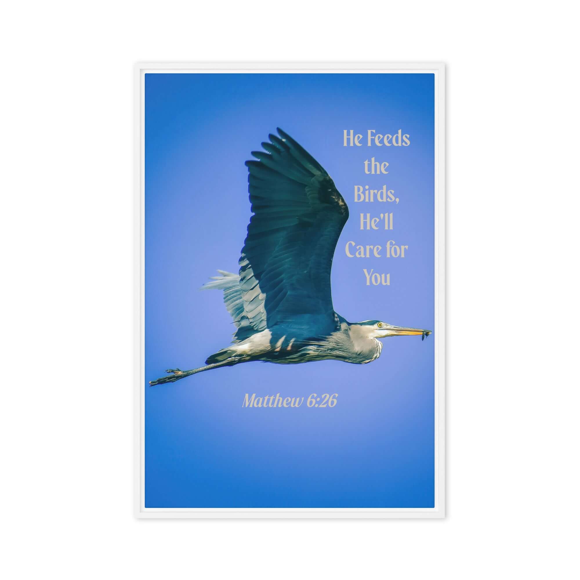 Matthew 6:26 Graceful Heron, He'll Care for You Framed Canvas Print Wall Art White 20″×30″