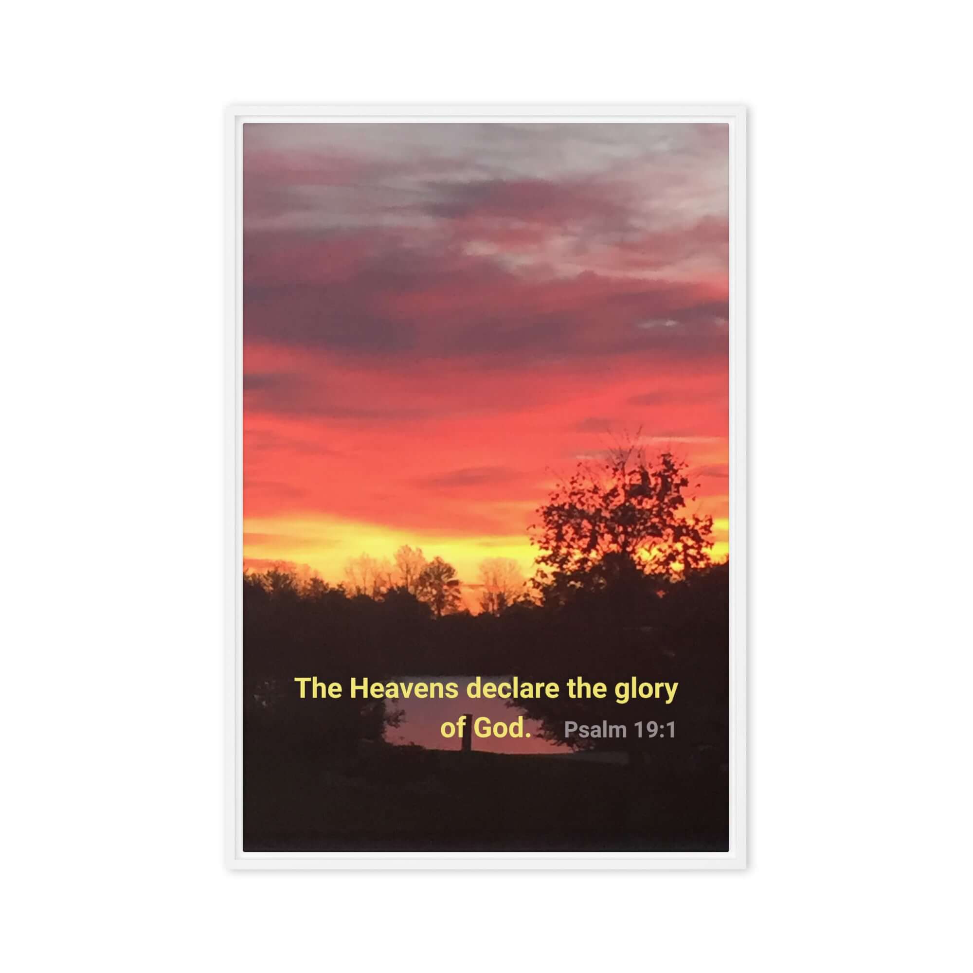 Psalm 19:1 Bible Verse, Sunset Glory Framed Canvas Print Wall Art White 20″×30″