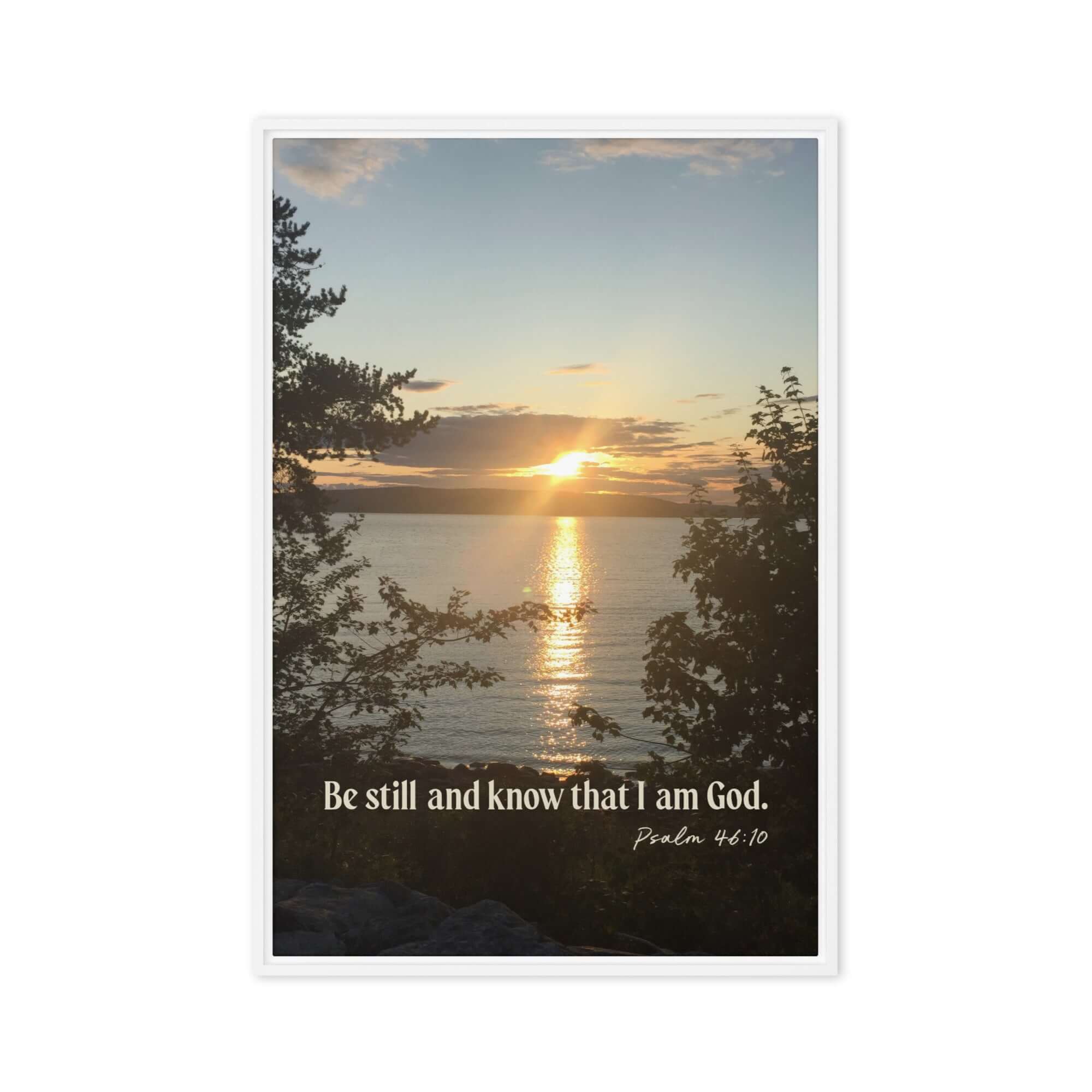 Psalm 46:10 Bible Verse, Sunset Glory Framed Canvas Print Wall Art White 20″×30″